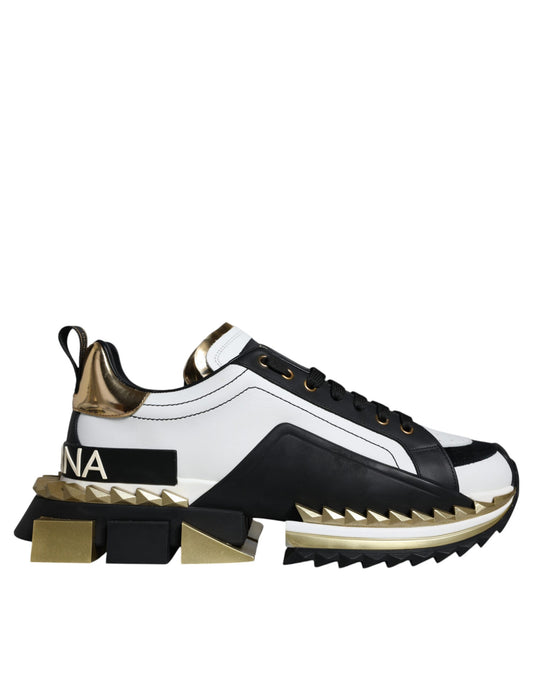 Dolce &amp; Gabbana White Gold Black Leather SUPER KING Sneakers Shoes