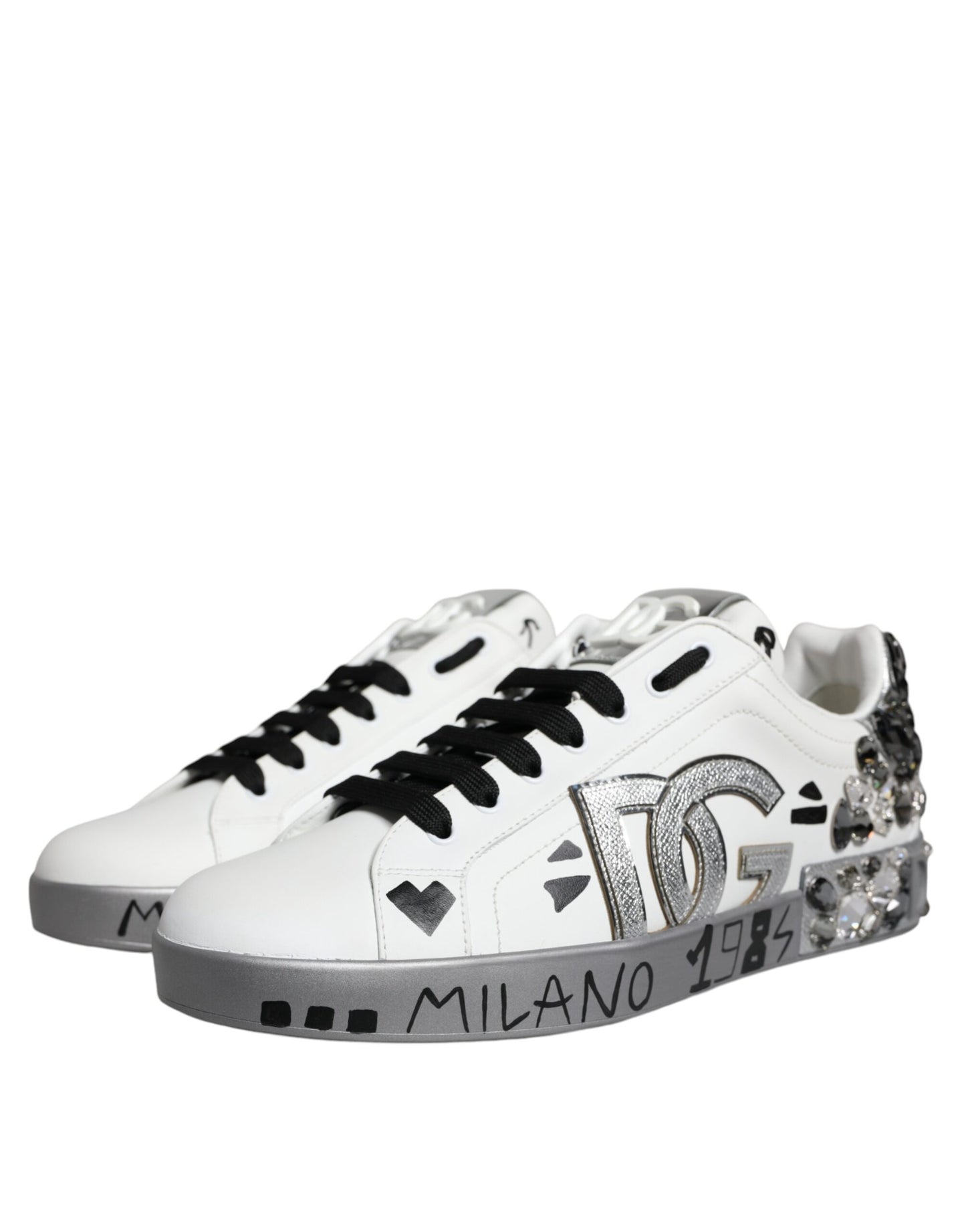 Dolce &amp; Gabbana White Silver Crystal Logo Portofino Sneakers Shoes