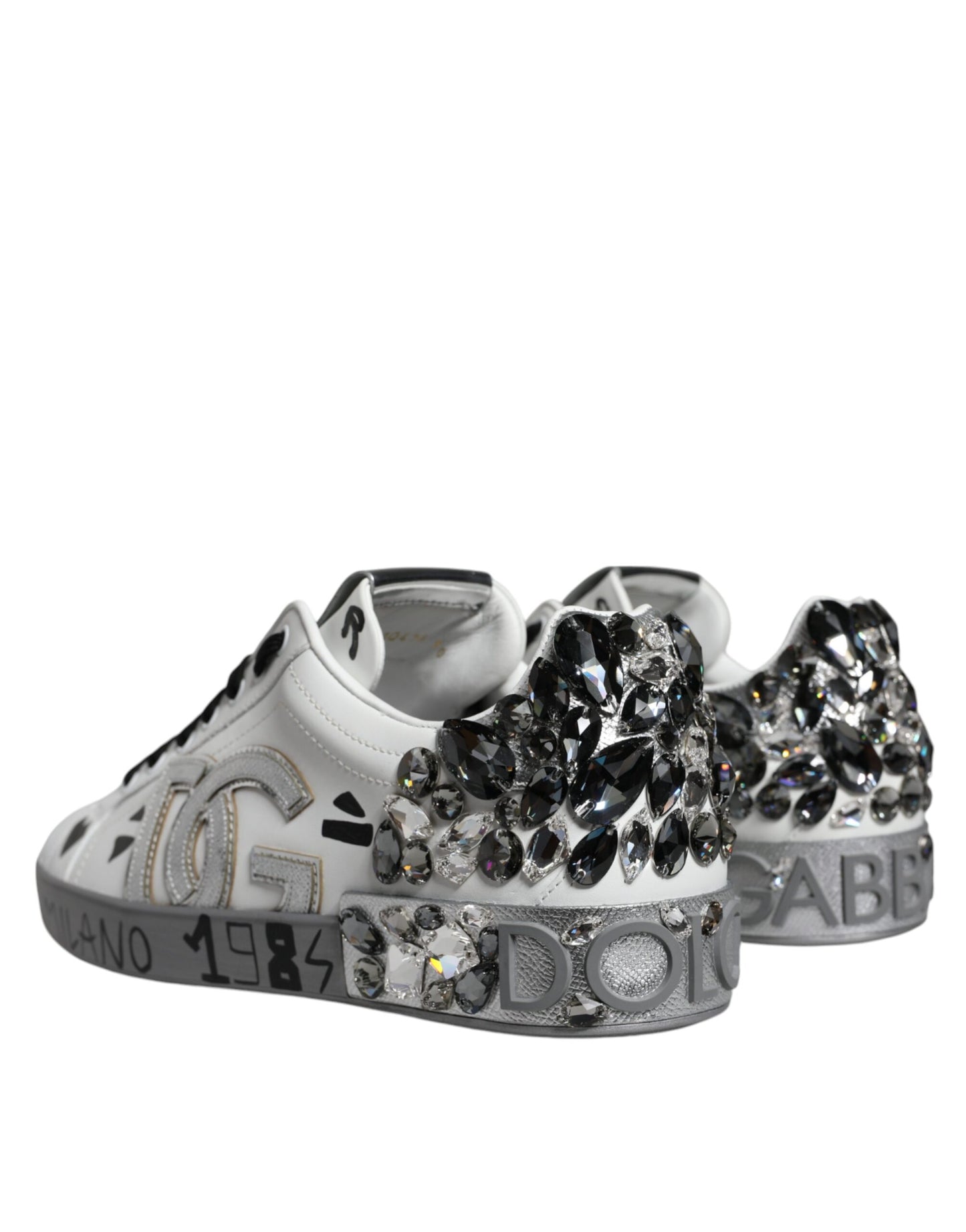 Dolce &amp; Gabbana White Silver Crystal Logo Portofino Sneakers Shoes