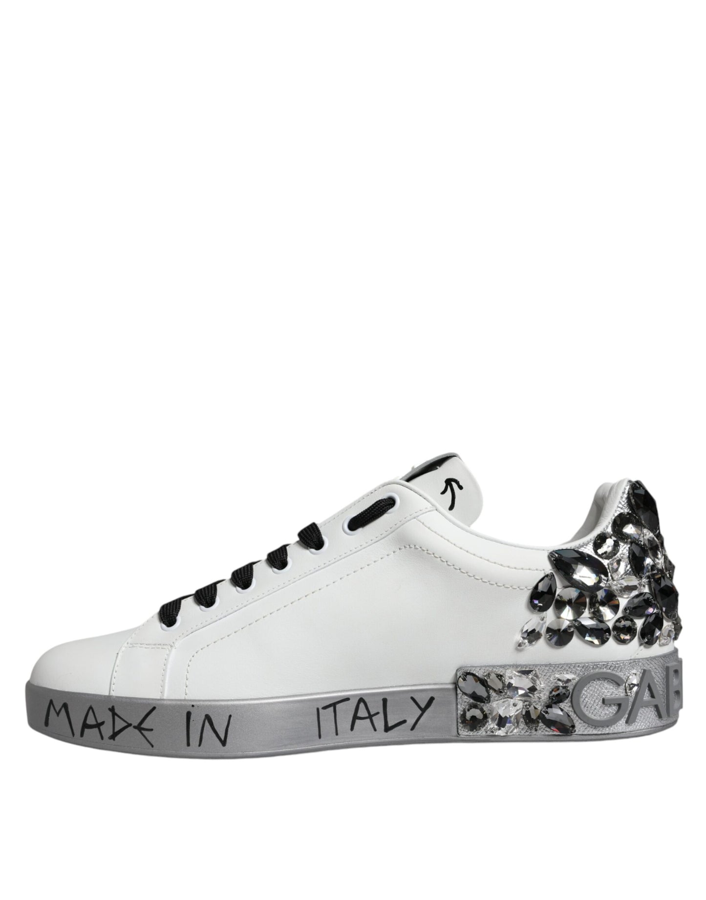 Dolce &amp; Gabbana White Silver Crystal Logo Portofino Sneakers Shoes