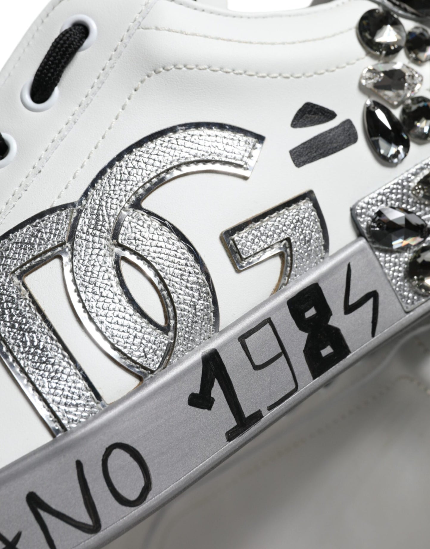 Dolce &amp; Gabbana White Silver Crystal Logo Portofino Sneakers Shoes