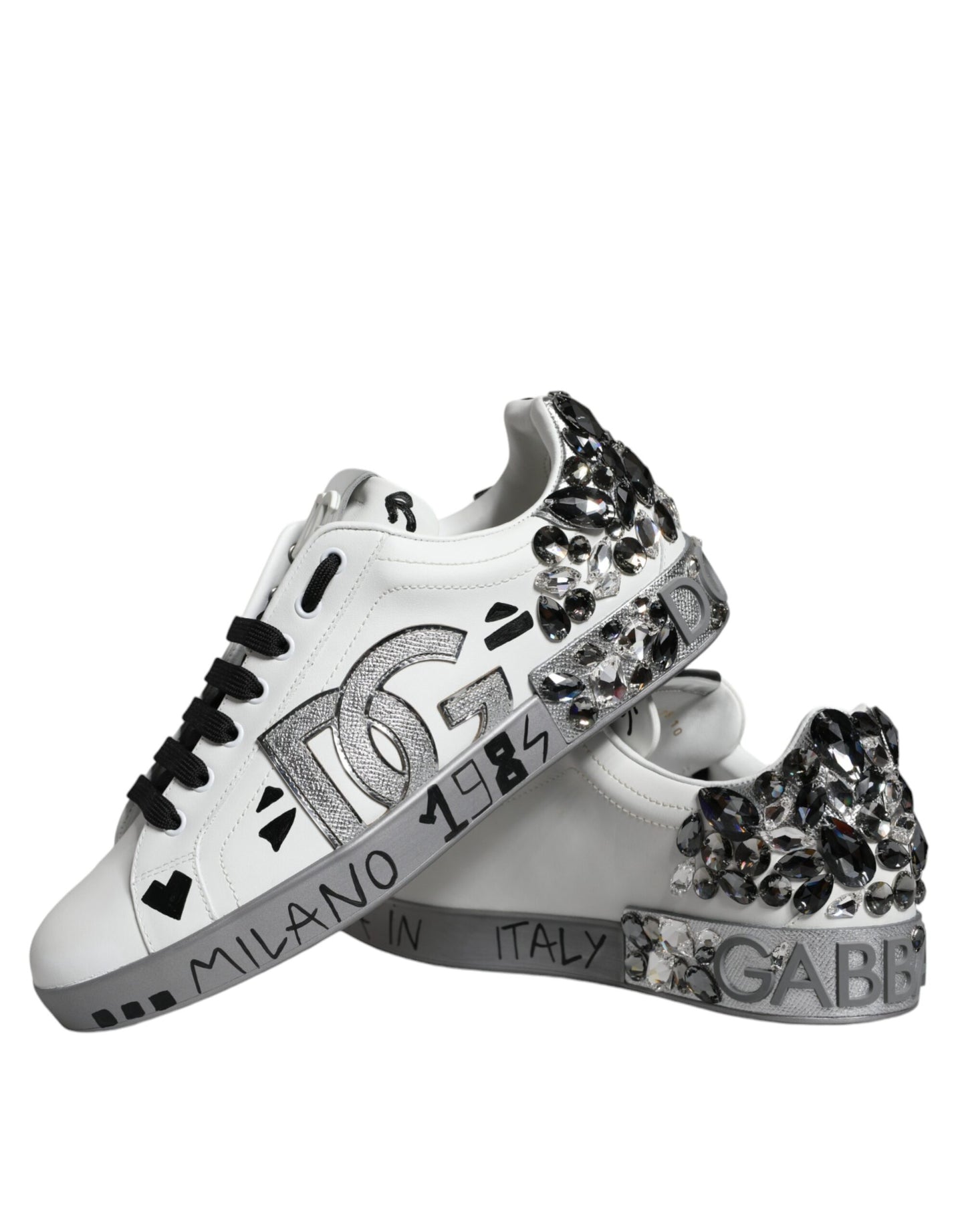 Dolce &amp; Gabbana White Silver Crystal Logo Portofino Sneakers Shoes