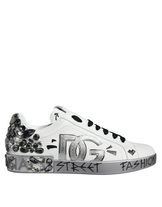 Dolce &amp; Gabbana White Silver Crystal Logo Portofino Sneakers Shoes