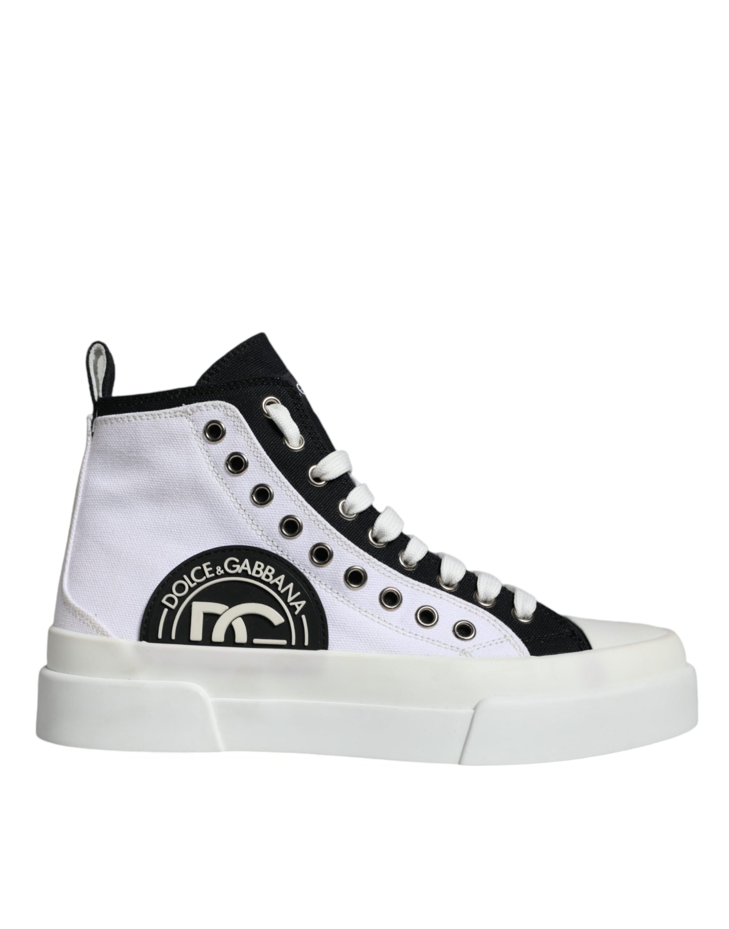 Dolce &amp; Gabbana White Black Cotton Logo High Top Sneaker Shoes