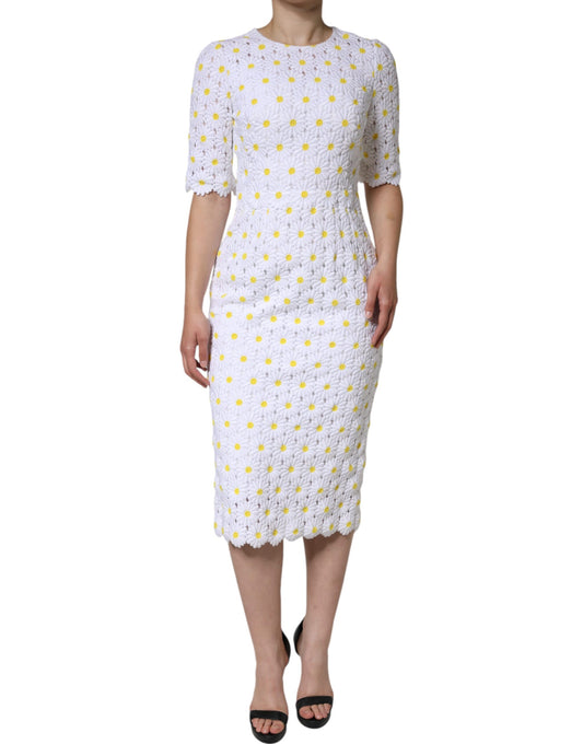 Dolce &amp; Gabbana White Daisy Macrame Lace Sheath Midi-mekko