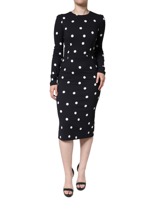 Dolce &amp; Gabbana Black Viscose Polka Dots Sheath Midi Dress