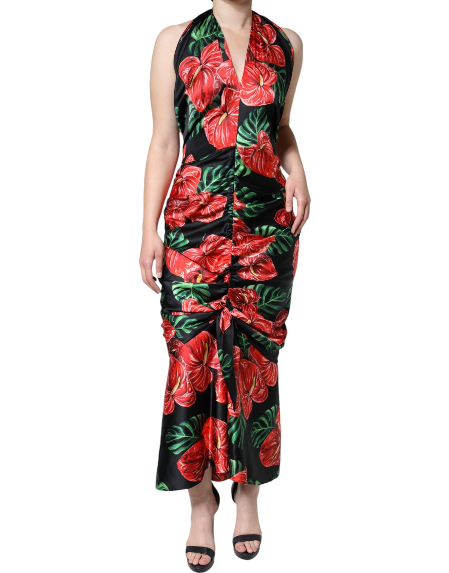 Dolce &amp; Gabbana Musta Tropical Floral Sheath Maxi -mekko