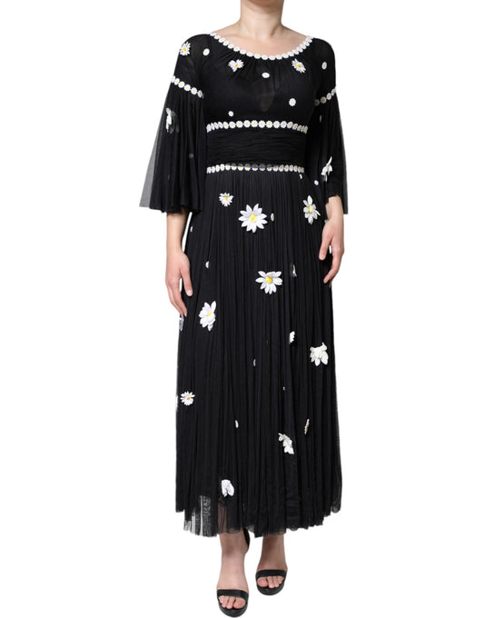 Dolce & Gabbana Schwarzes Seiden Daisy A-Linie Langes Maxikleid