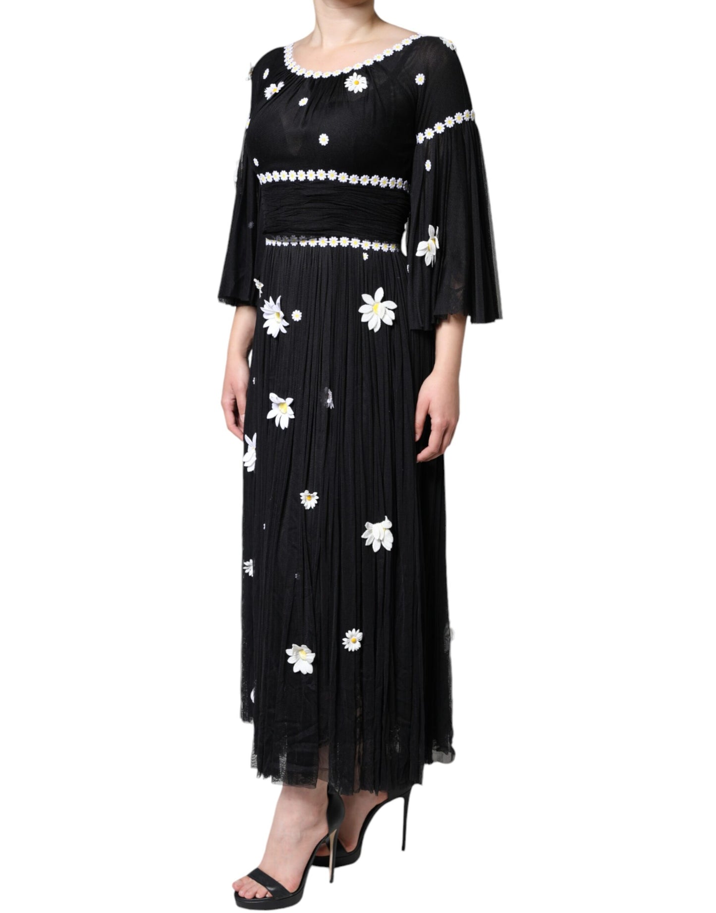 Dolce & Gabbana Schwarzes Seiden Daisy A-Linie Langes Maxikleid