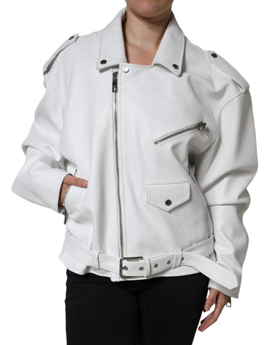 Dolce &amp; Gabbana White Lambskin Leather Biker Coat Jacket