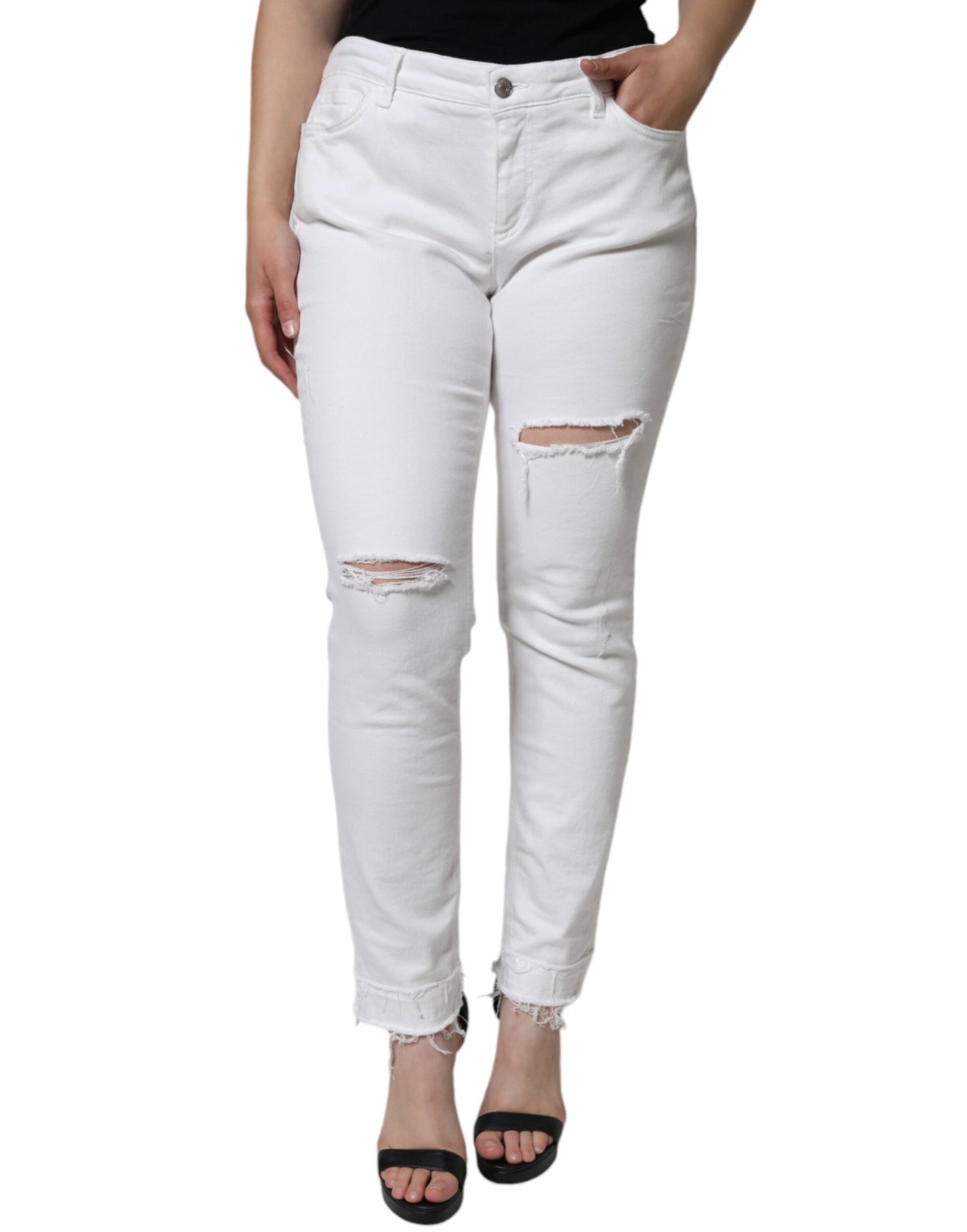 Dolce &amp; Gabbana White Cotton Stretch Tattered Skinny Farkut