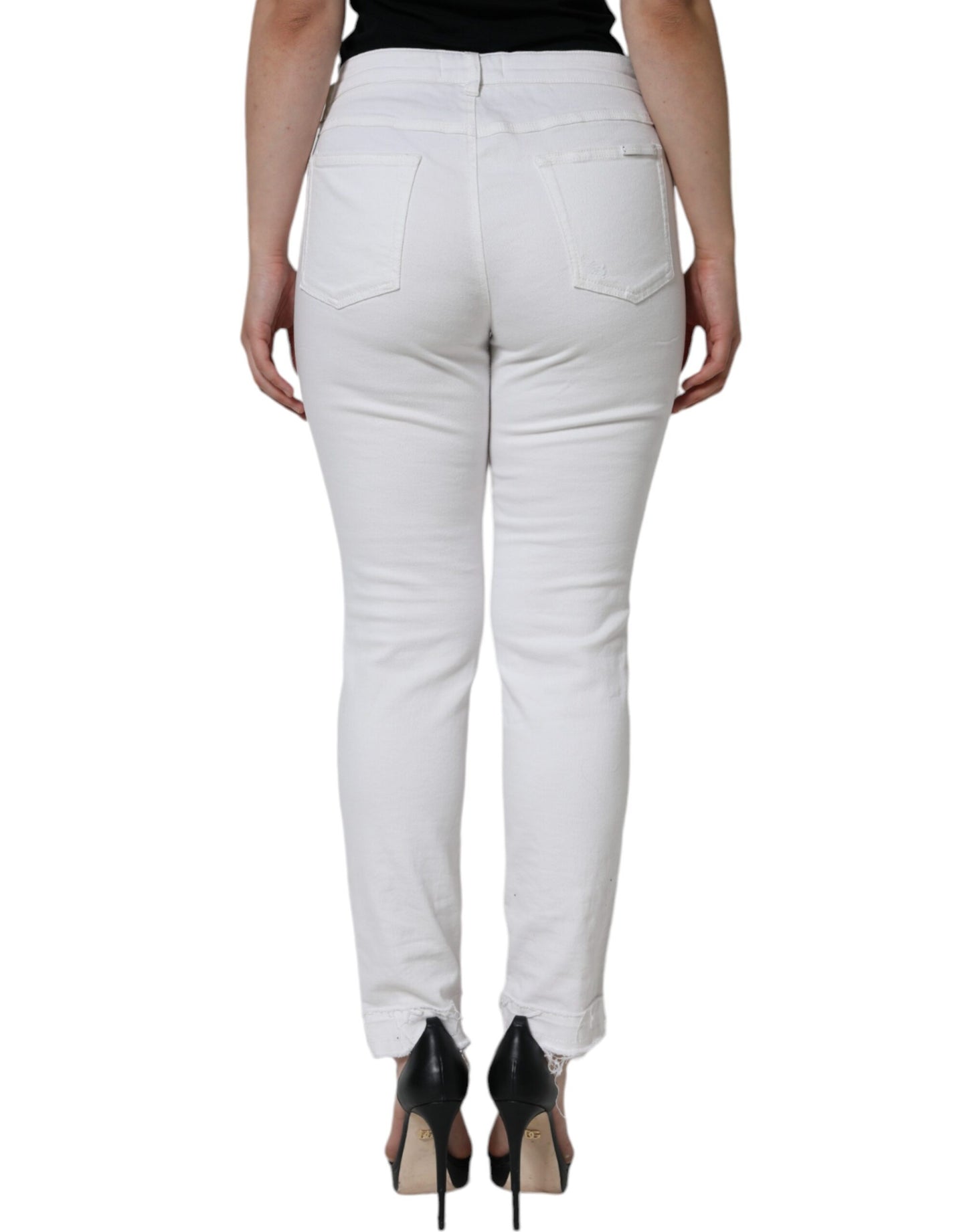 Dolce &amp; Gabbana White Cotton Stretch Tattered Skinny Farkut