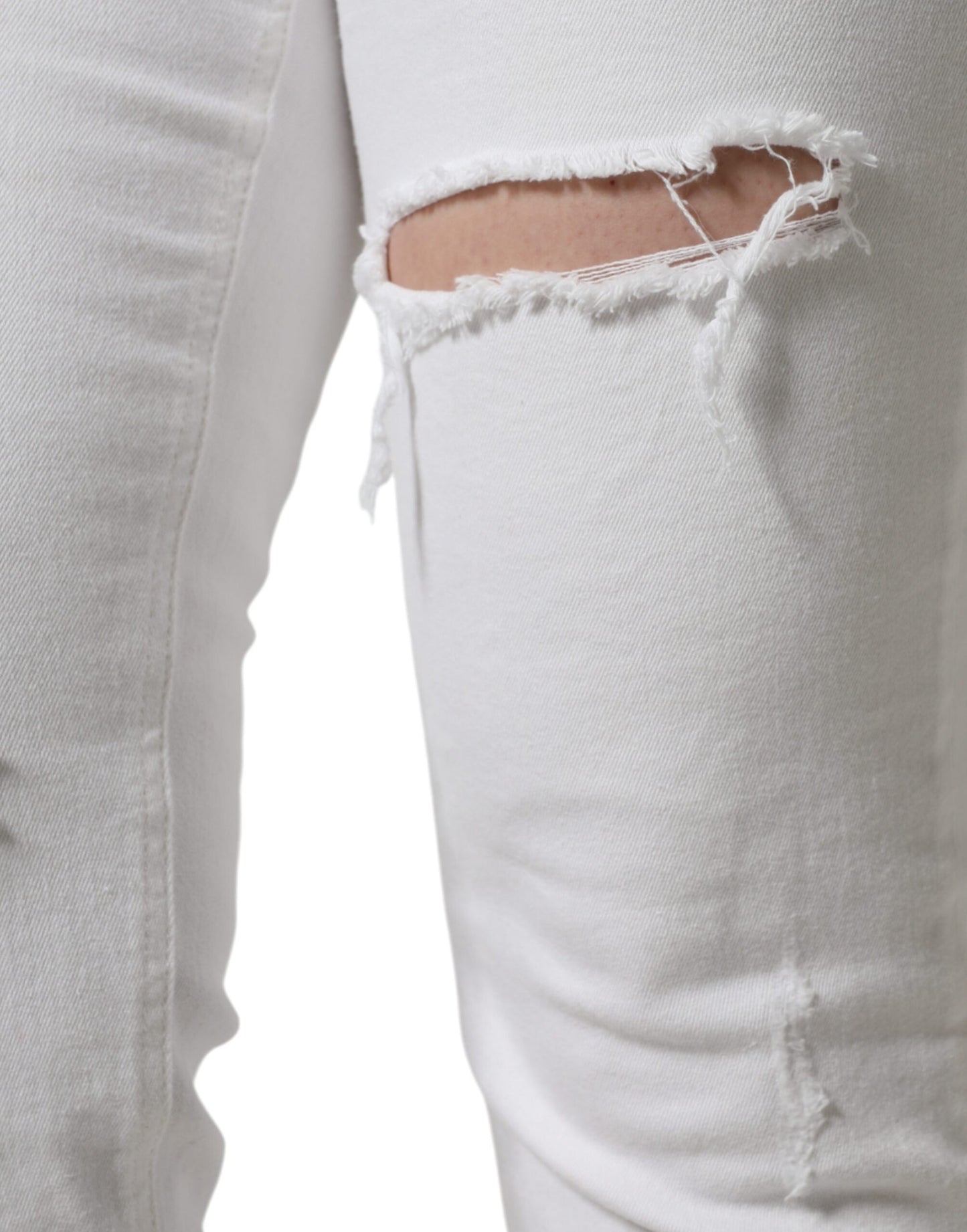 Dolce &amp; Gabbana White Cotton Stretch Tattered Skinny Farkut