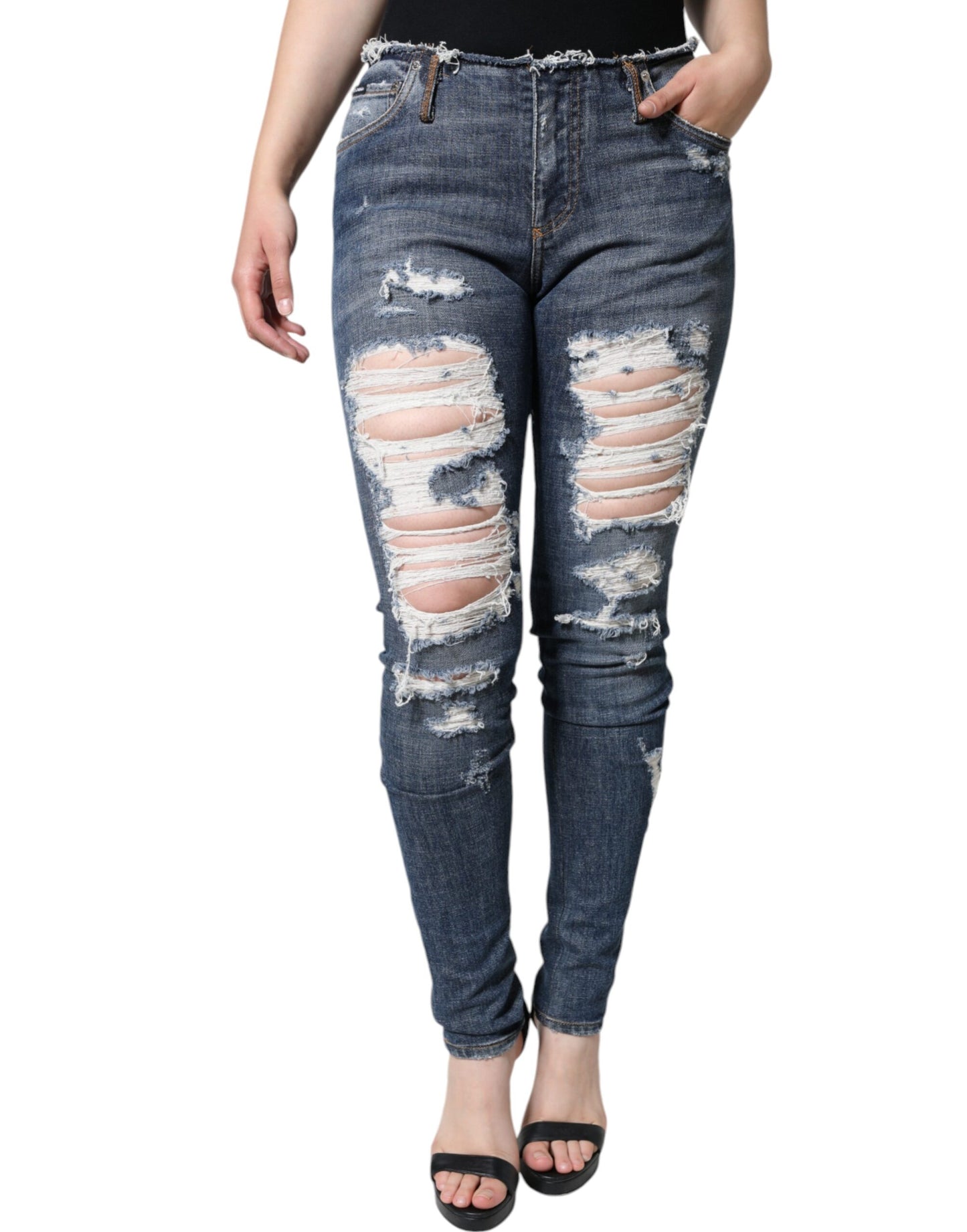 Dolce & Gabbana Blaue Baumwoll-Stretch-Skinny-Jeans mit Fransen