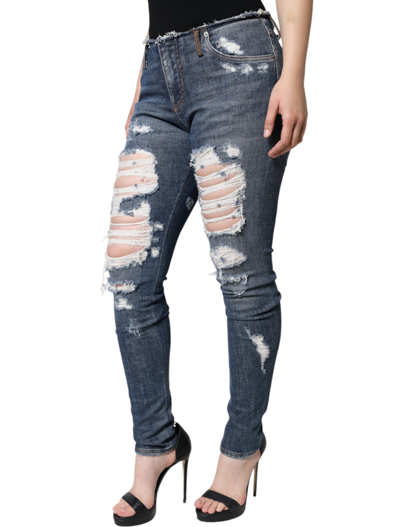 Dolce & Gabbana Blaue Baumwoll-Stretch-Skinny-Jeans mit Fransen