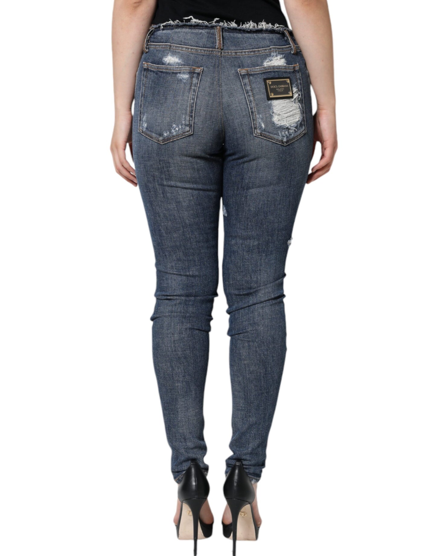 Dolce & Gabbana Blaue Baumwoll-Stretch-Skinny-Jeans mit Fransen