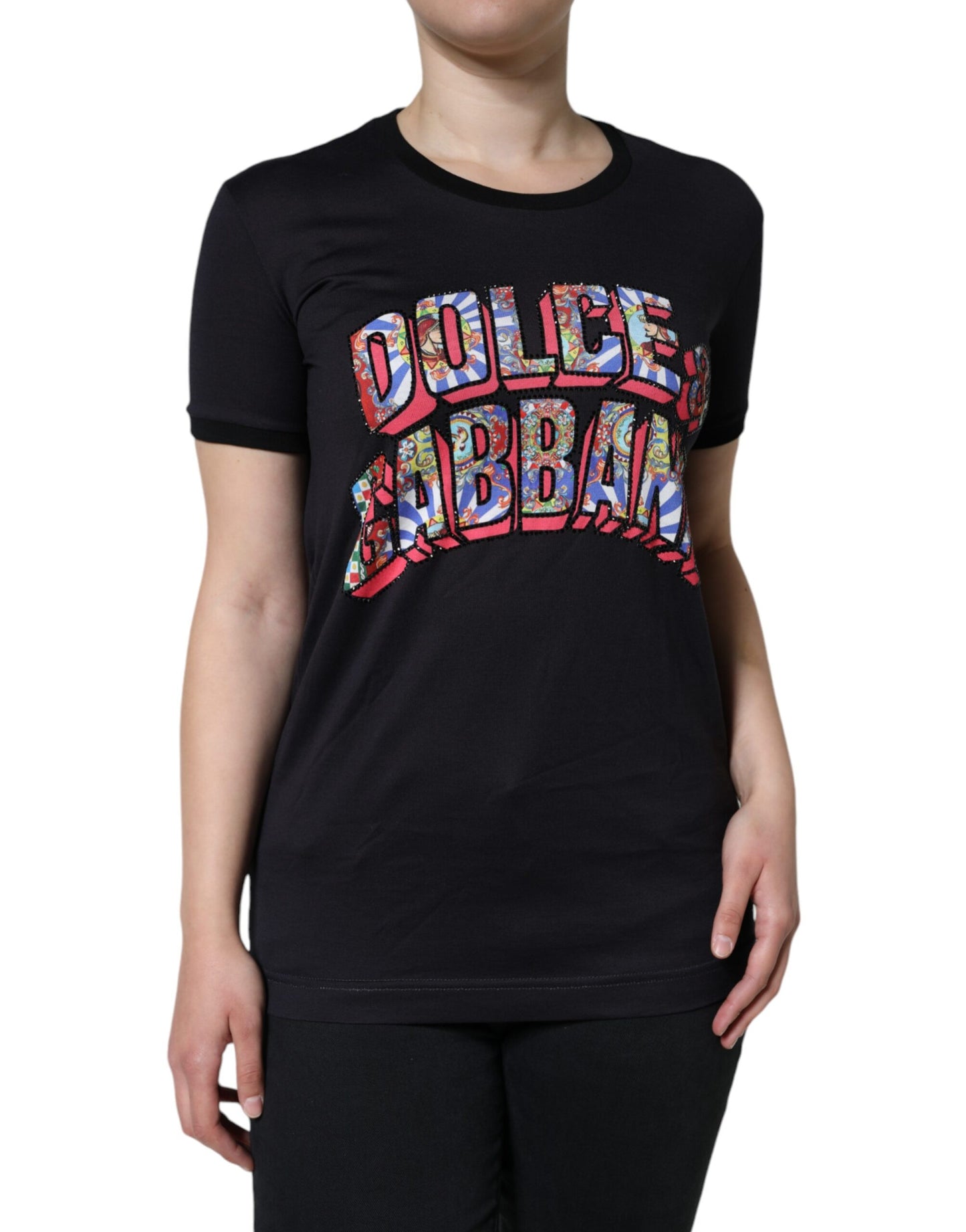 Dolce & Gabbana Schwarzes T-Shirt mit Rundhalsausschnitt und Logodruck aus Baumwolle