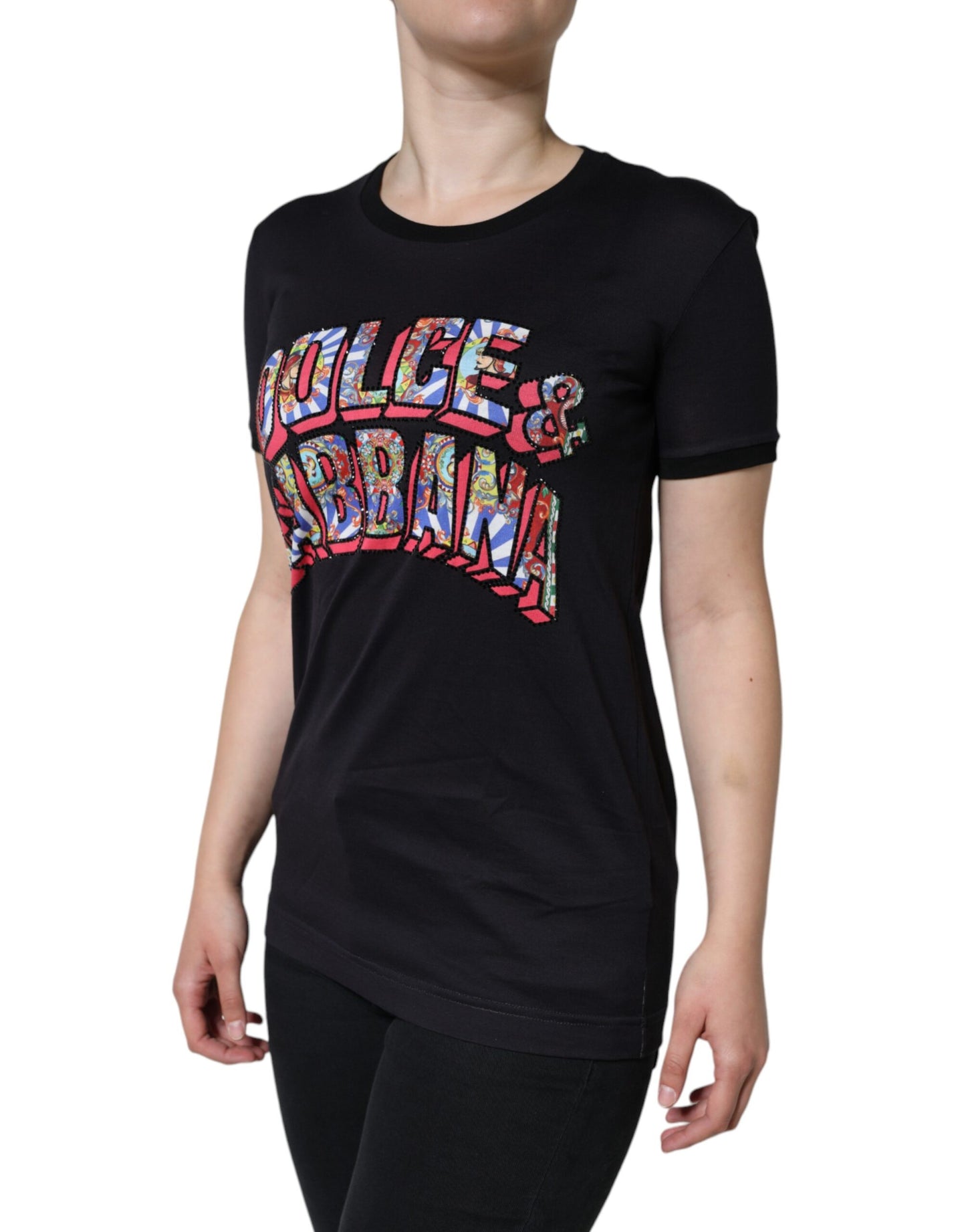 Dolce & Gabbana Schwarzes T-Shirt mit Rundhalsausschnitt und Logodruck aus Baumwolle