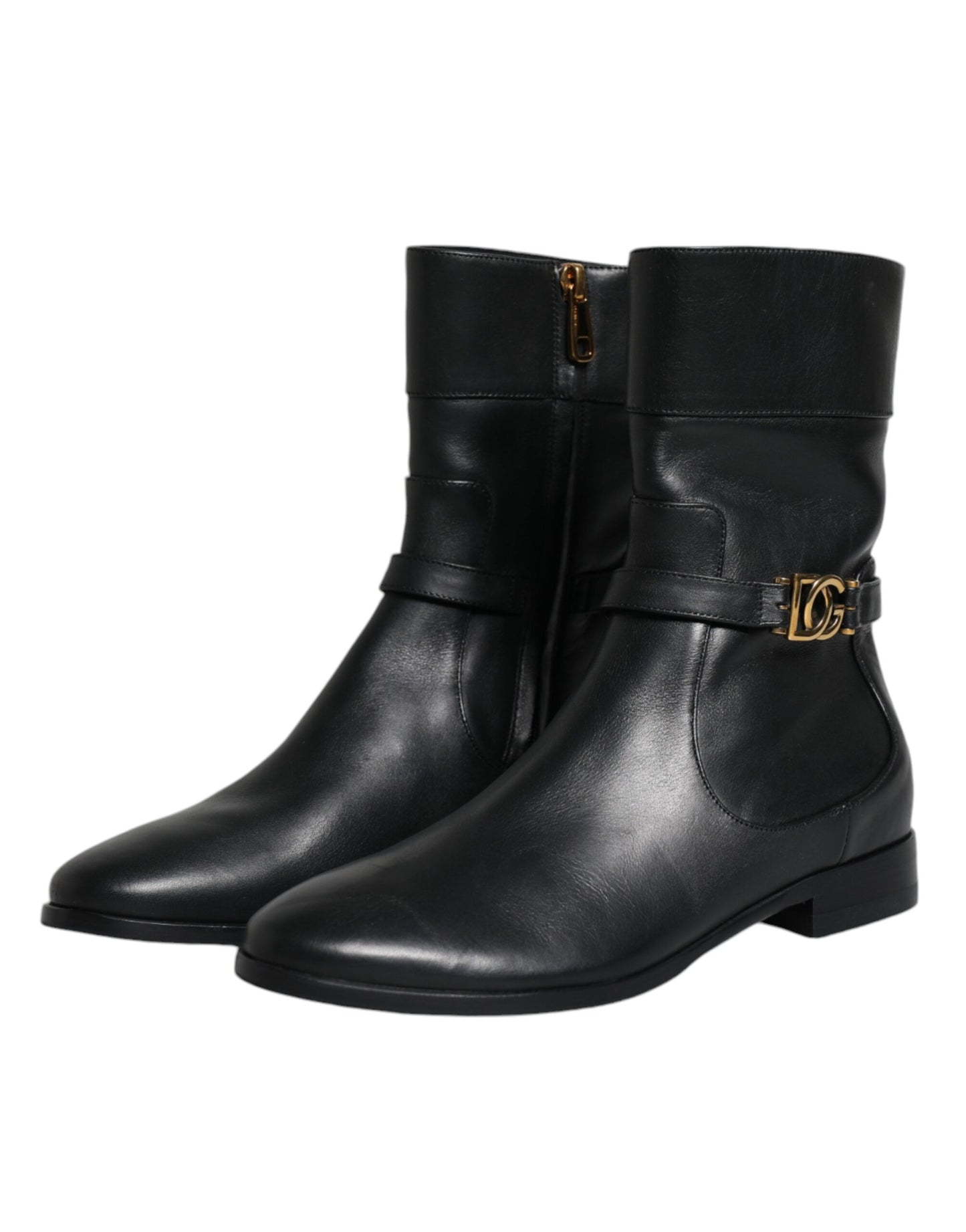 Dolce & Gabbana Schwarzes Leder Logo Mid Calf Stiefel Schuhe