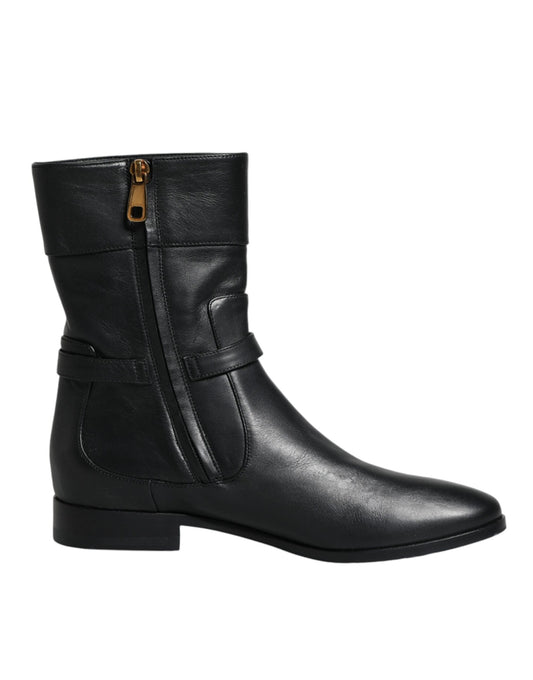 Dolce & Gabbana Schwarzes Leder Logo Mid Calf Stiefel Schuhe