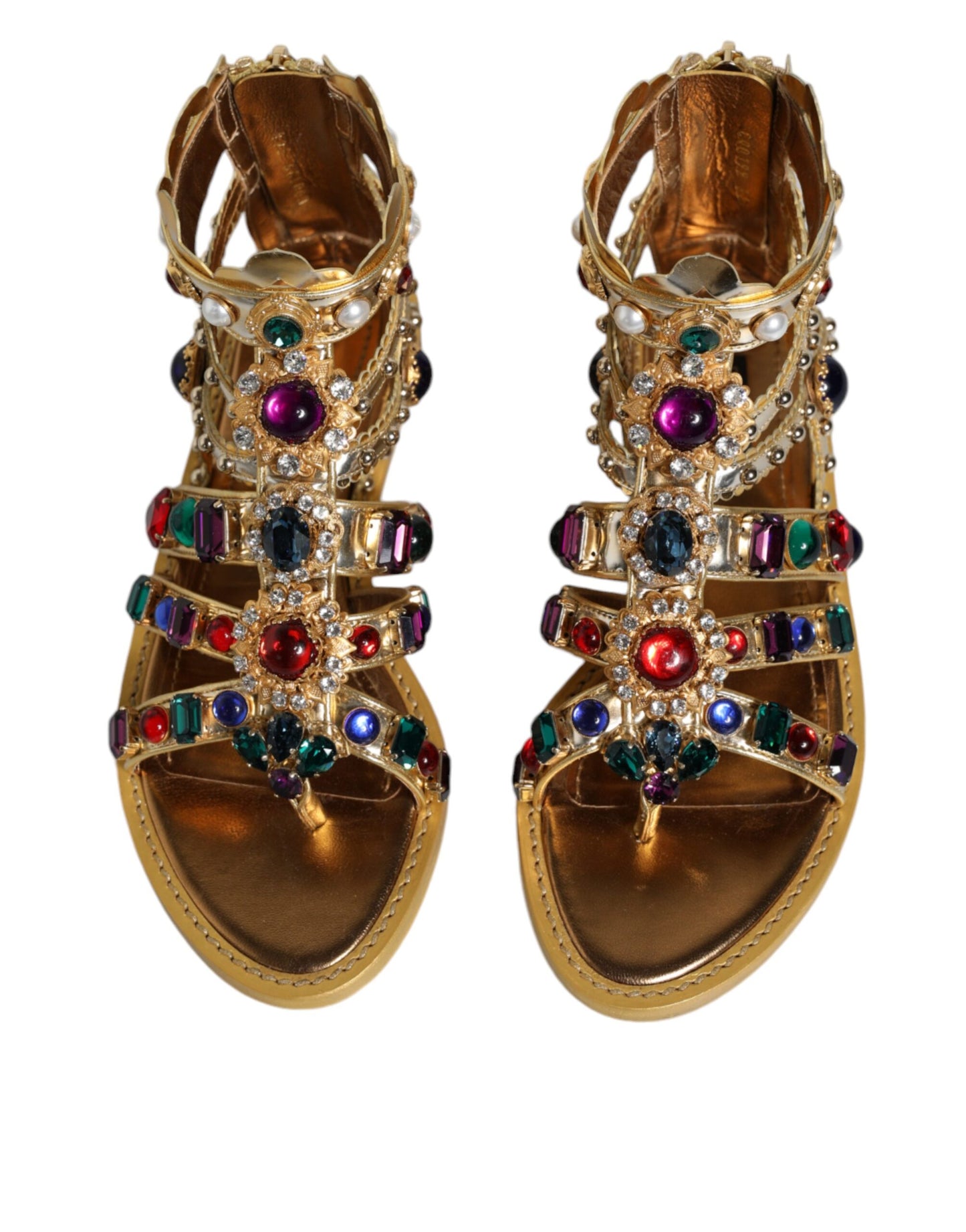 Dolce &amp; Gabbana Gold Leather Crystal Gladiator Sandals Flats Shoes