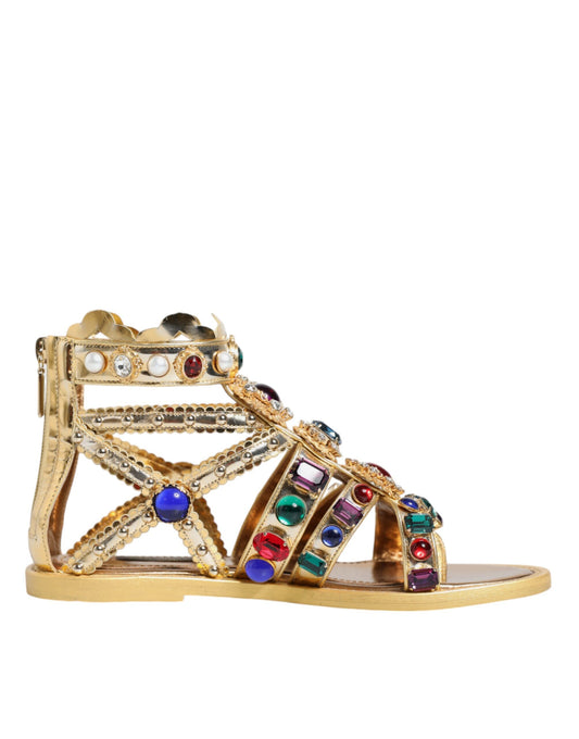 Dolce &amp; Gabbana Gold Nahka Crystal Gladiator Sandaalit tasaiset kengät