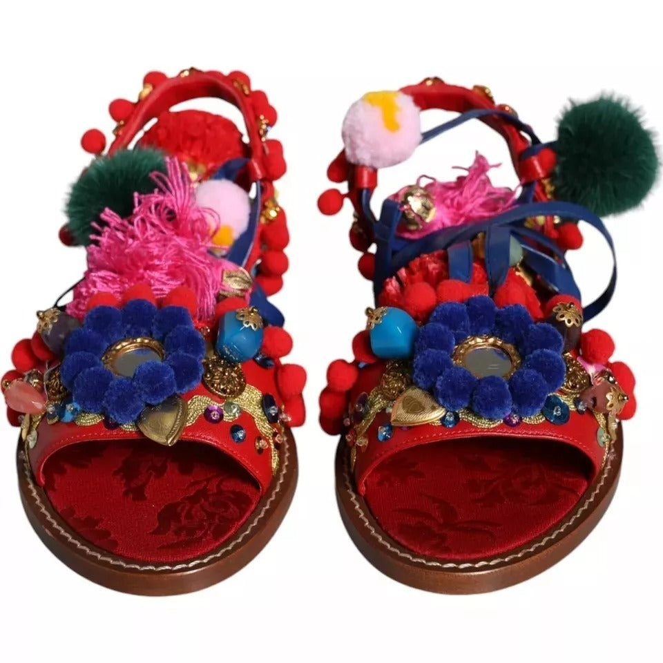 Dolce &amp; Gabbana Multicolor Pom Pom Fur Wrap Sandals Shoes