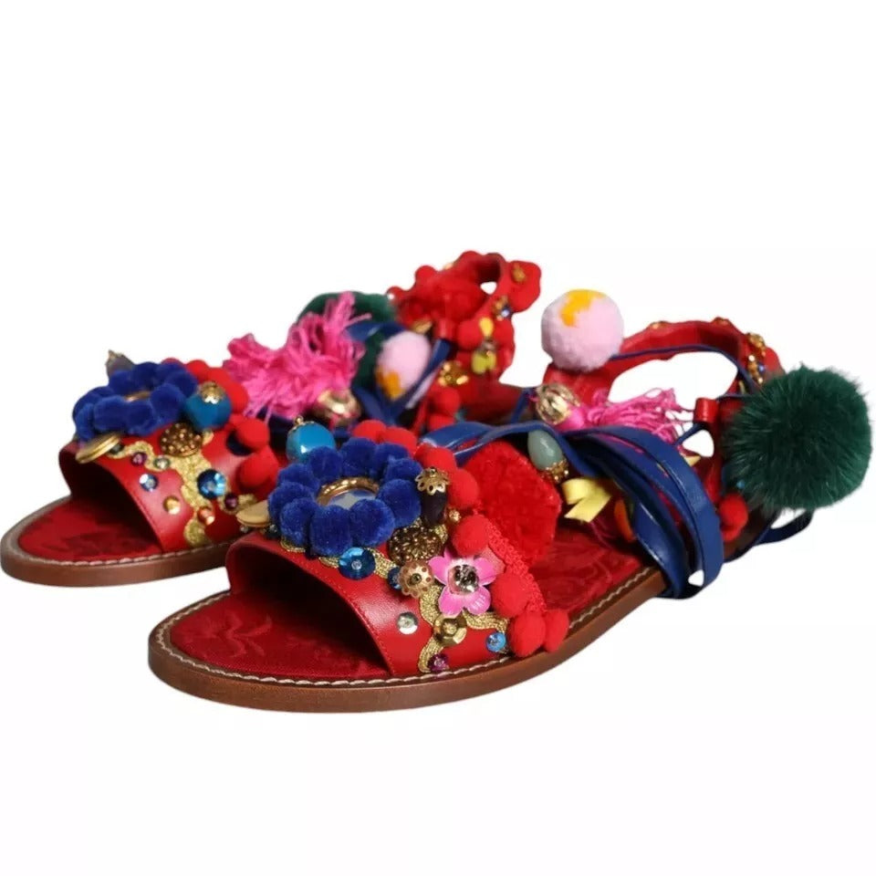 Dolce &amp; Gabbana Multicolor Pom Pom Fur Wrap Sandals Shoes