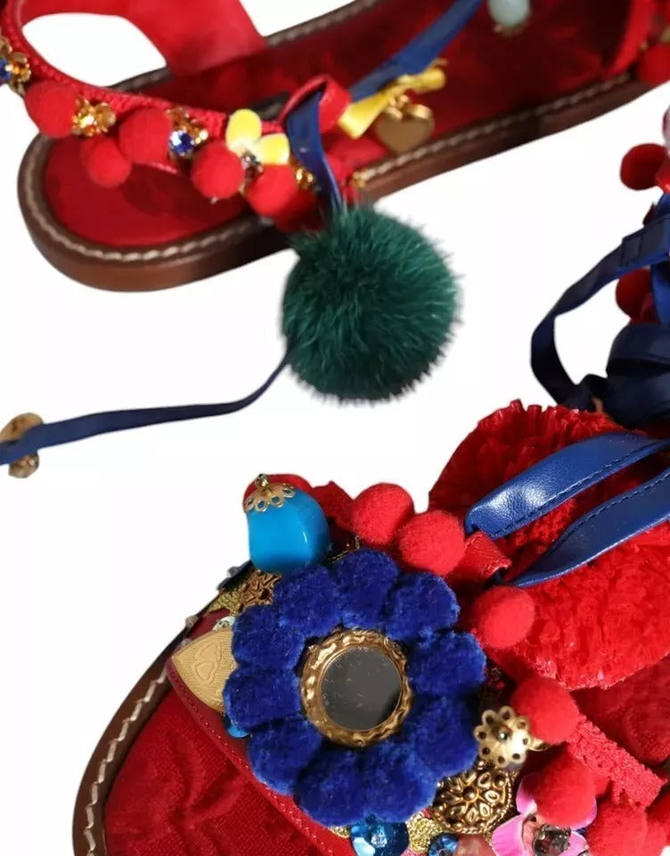 Dolce &amp; Gabbana Multicolor Pom Pom Fur Wrap Sandals Shoes