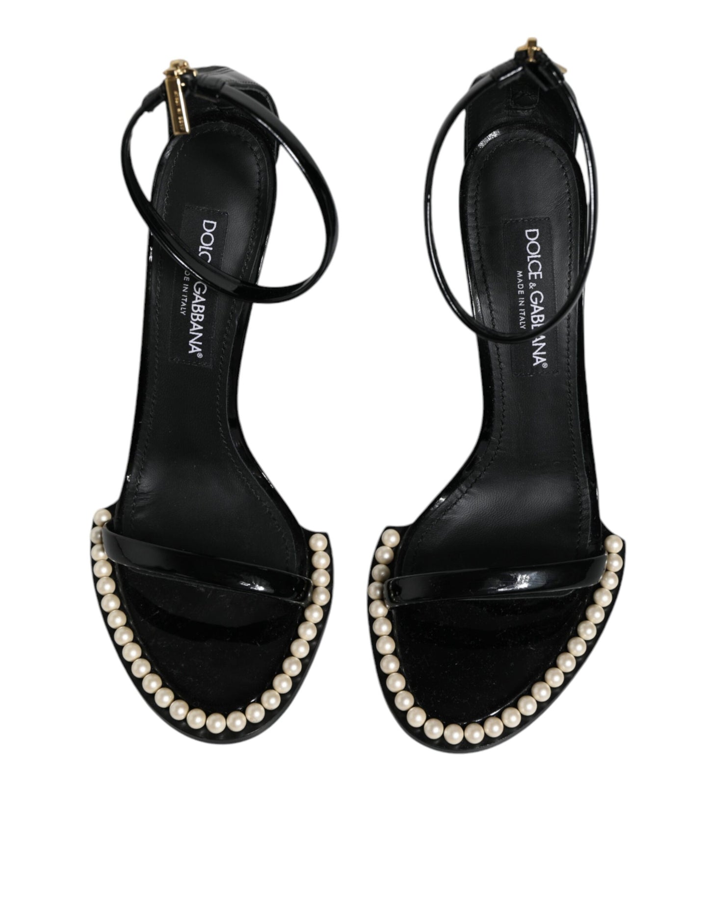 Dolce &amp; Gabbana Black Keira Leather Faux Pearl Sandals Heels Shoes