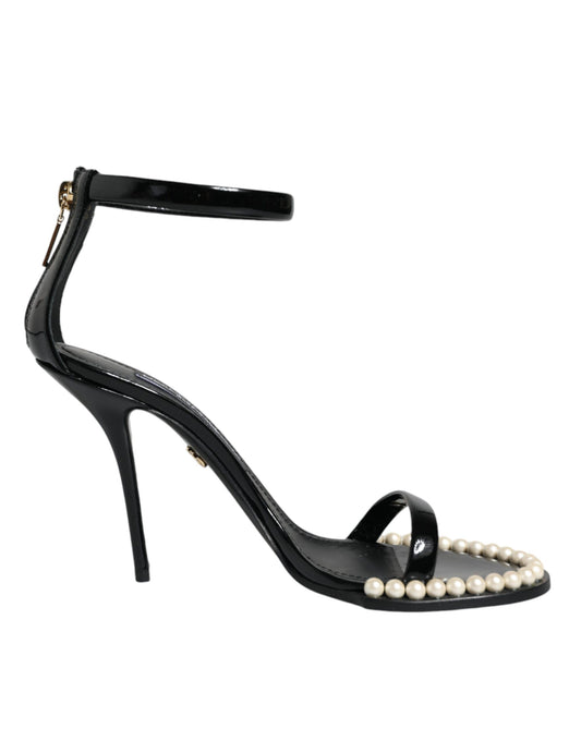 Dolce &amp; Gabbana Black Keira Leather Faux Pearl Sandals Heels Kengät