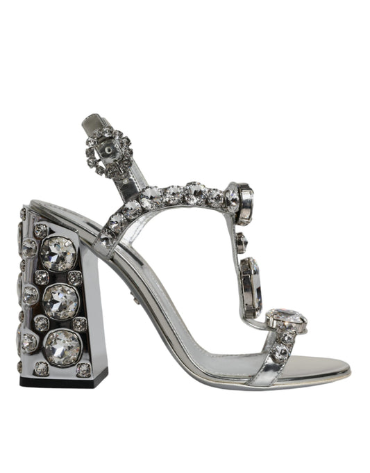 Dolce &amp; Gabbana Silver Leather T-strap Crystal Sandals Shoes