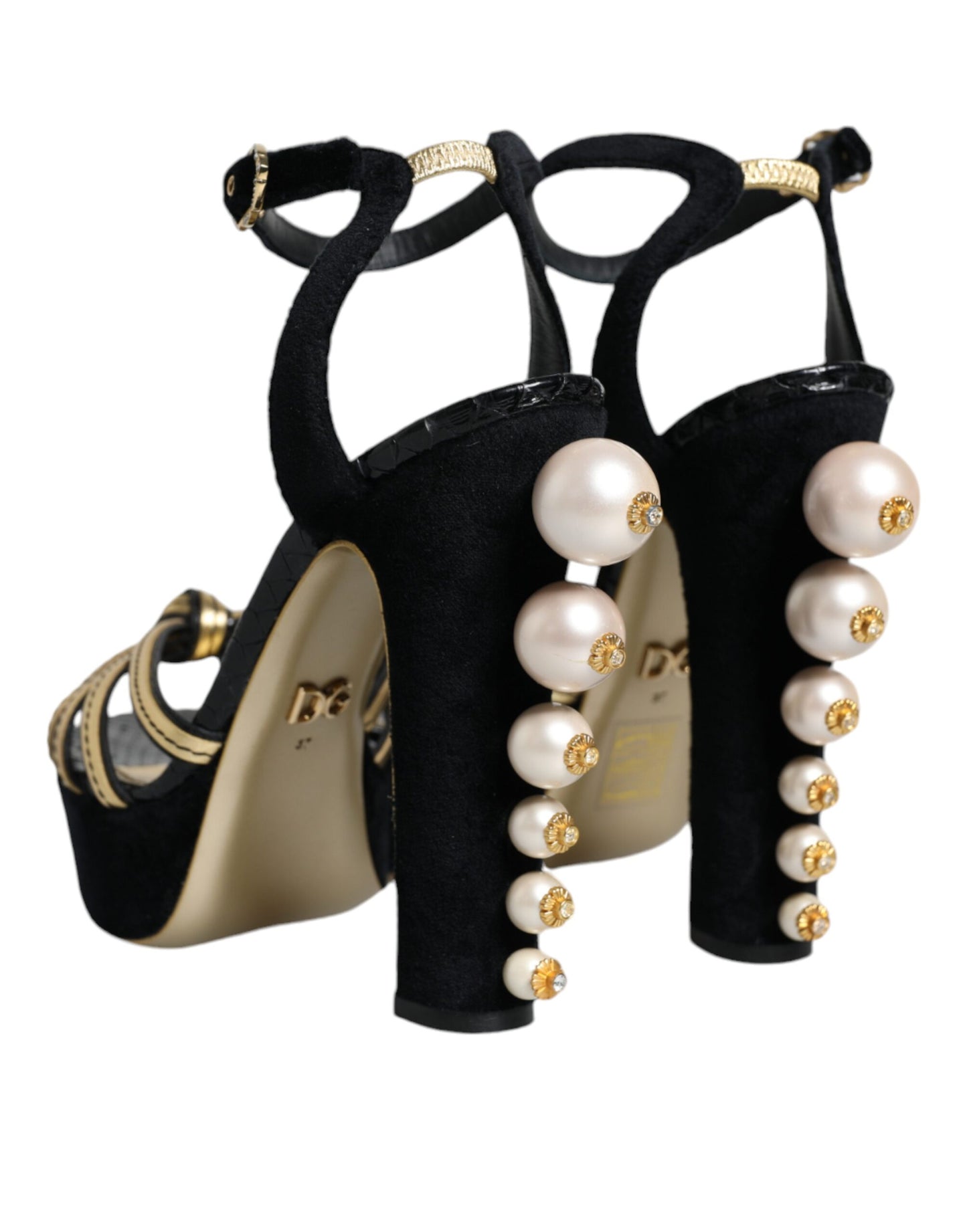 Dolce &amp; Gabbana Black Leather Faux Pearl Heel Sandals -kengät