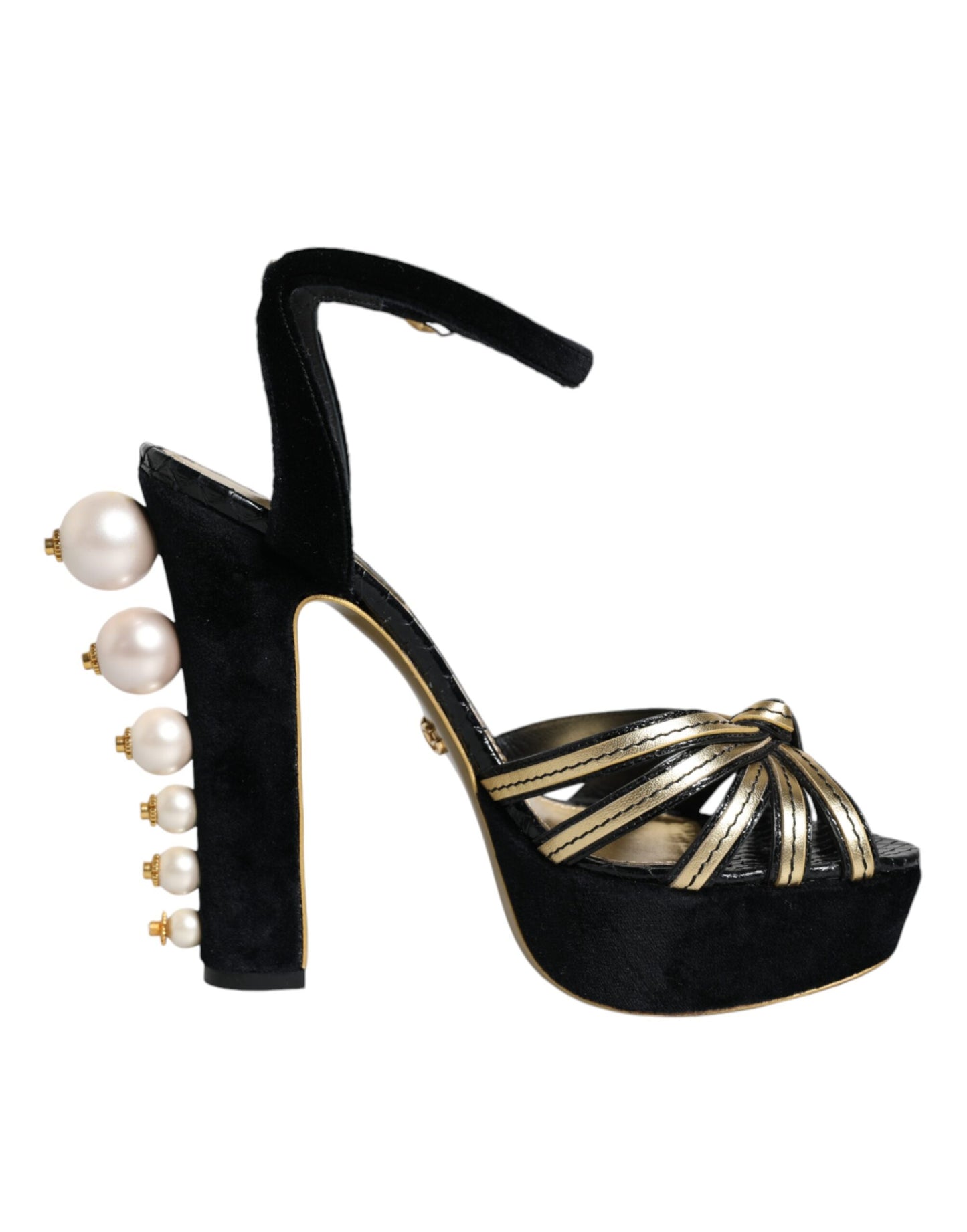 Dolce &amp; Gabbana Black Leather Faux Pearl Heel Sandals -kengät