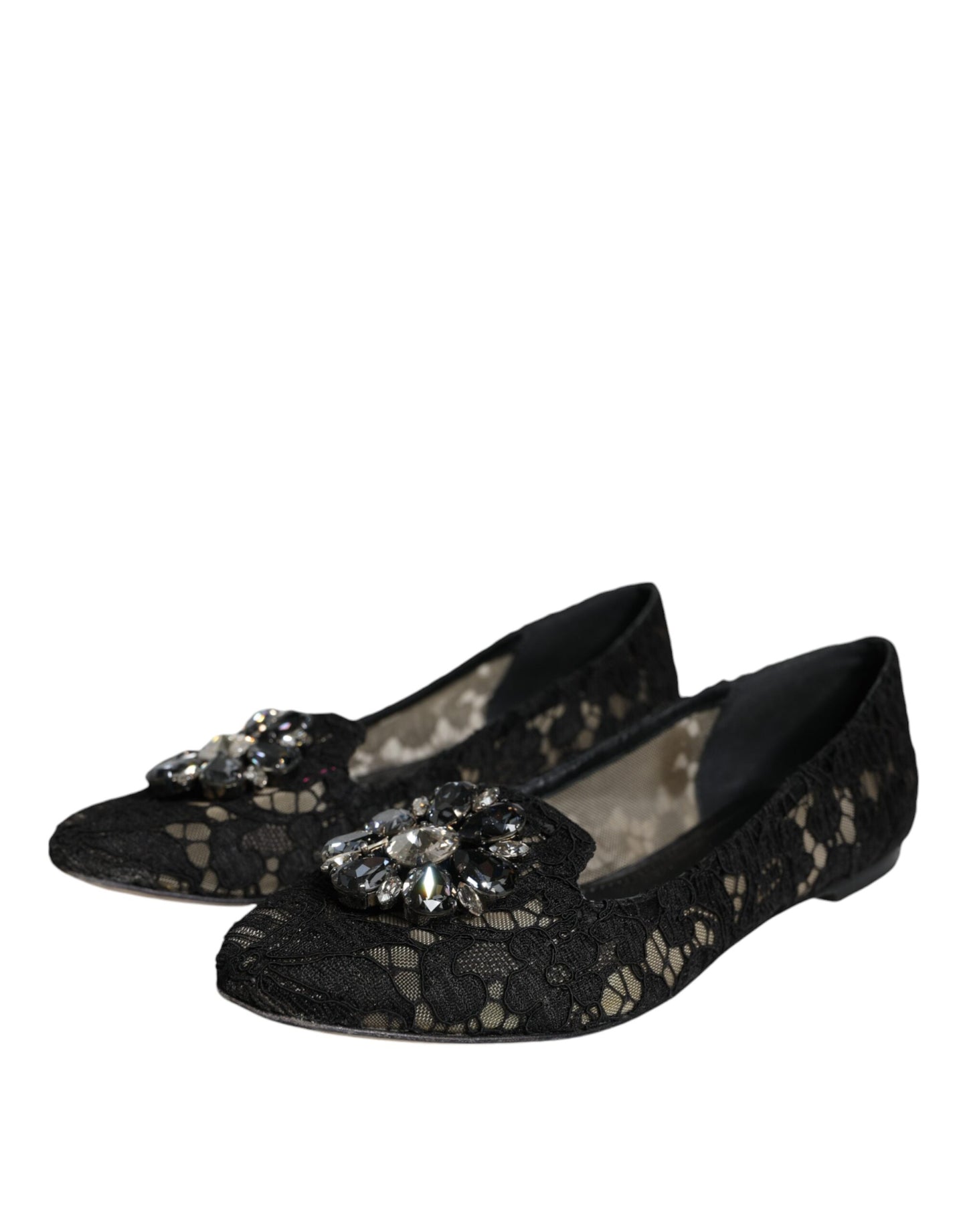 Dolce & Gabbana Schwarze Spitze Kristall Ballett Flats Loafer Schuhe