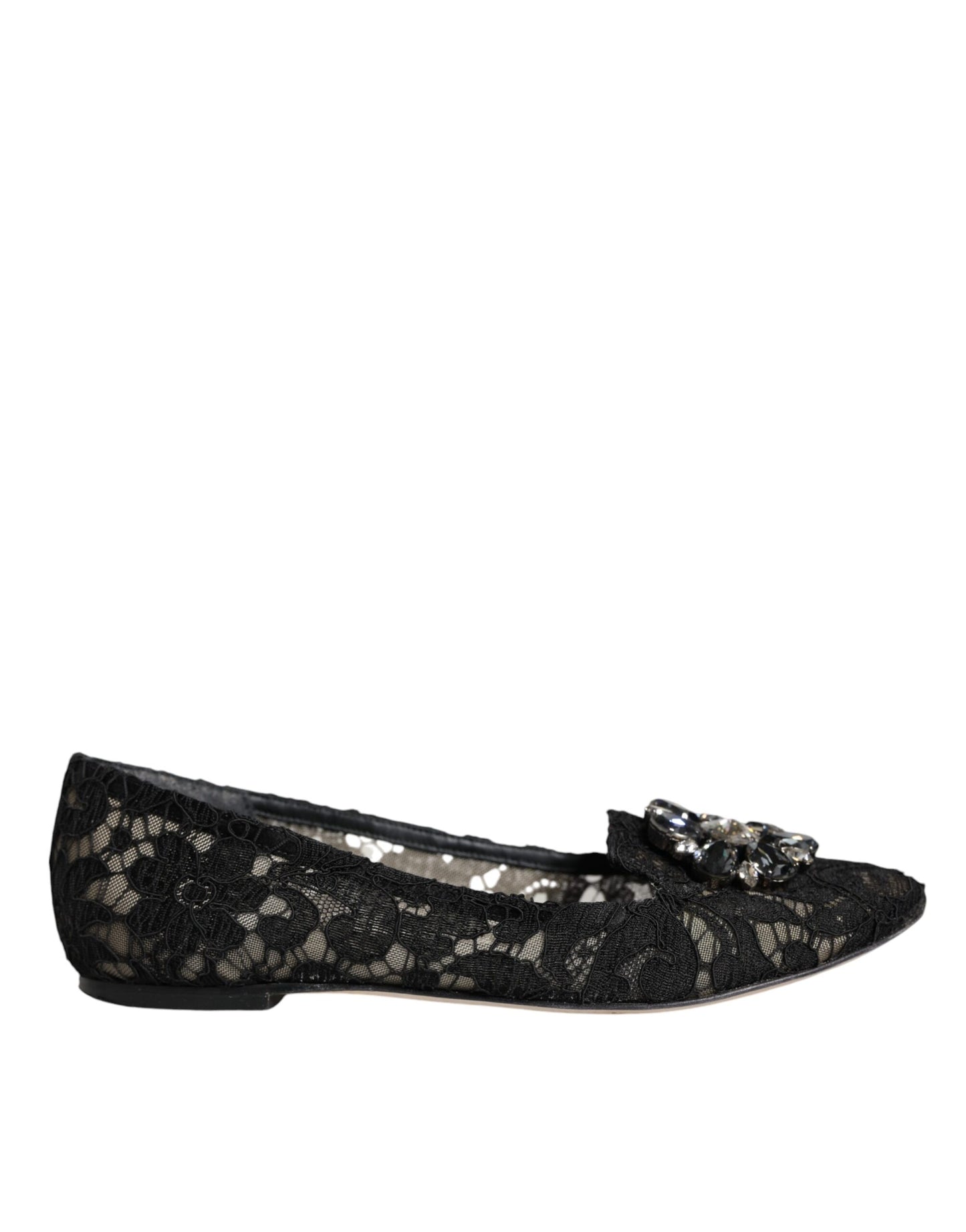 Dolce & Gabbana Schwarze Spitze Kristall Ballett Flats Loafer Schuhe