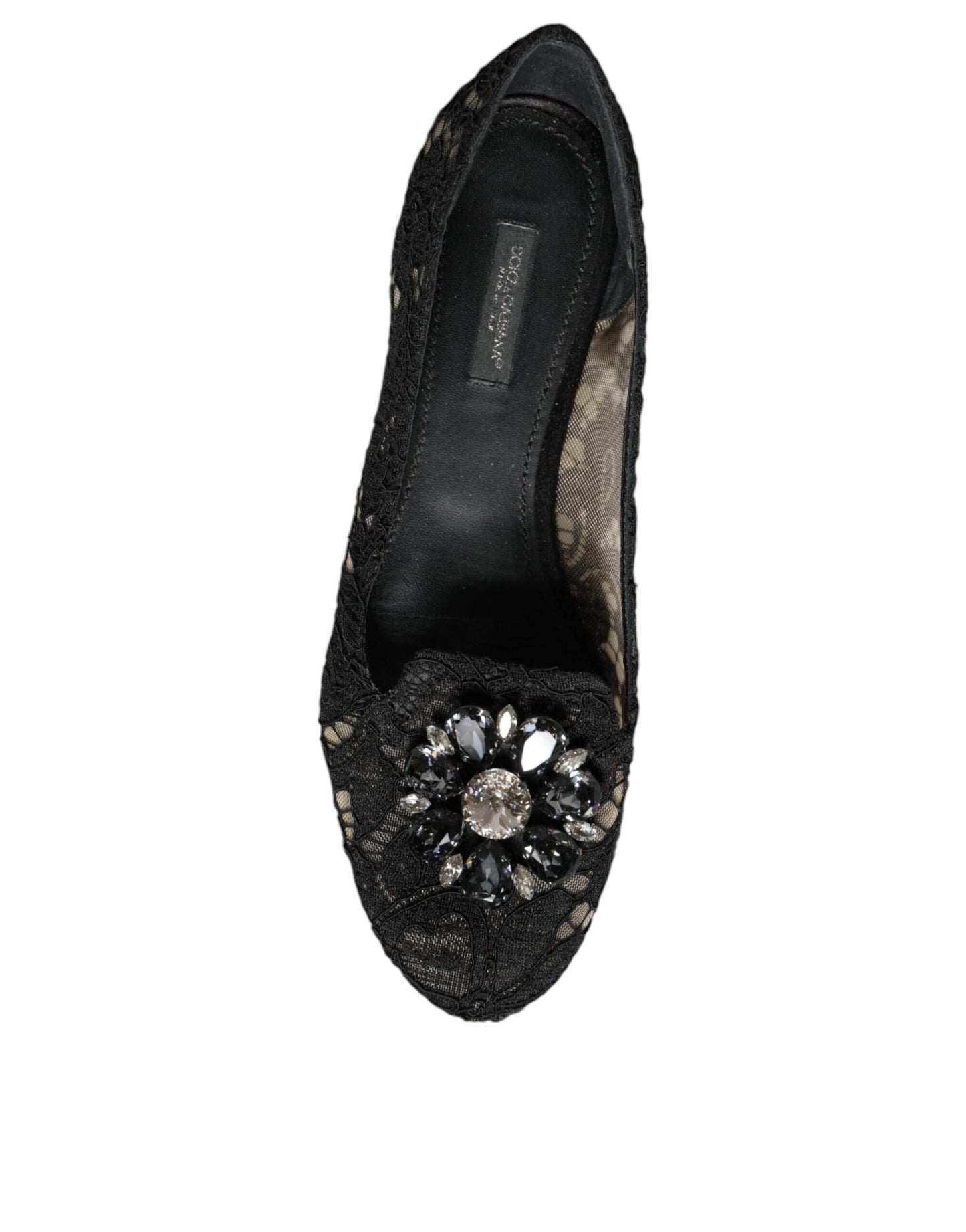 Dolce & Gabbana Schwarze Spitze Kristall Ballett Flats Loafer Schuhe