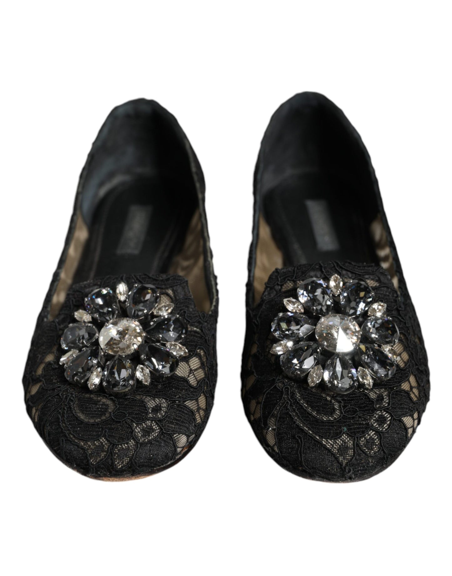 Dolce & Gabbana Schwarze Spitze Kristall Ballett Flats Loafer Schuhe