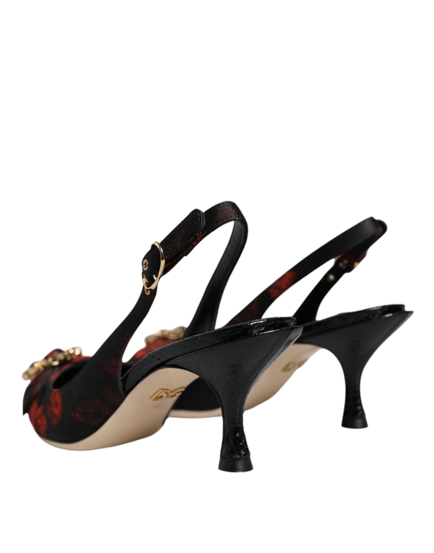 Dolce & Gabbana Schwarz Rot Floral Kristall Absatz Slingback Schuhe