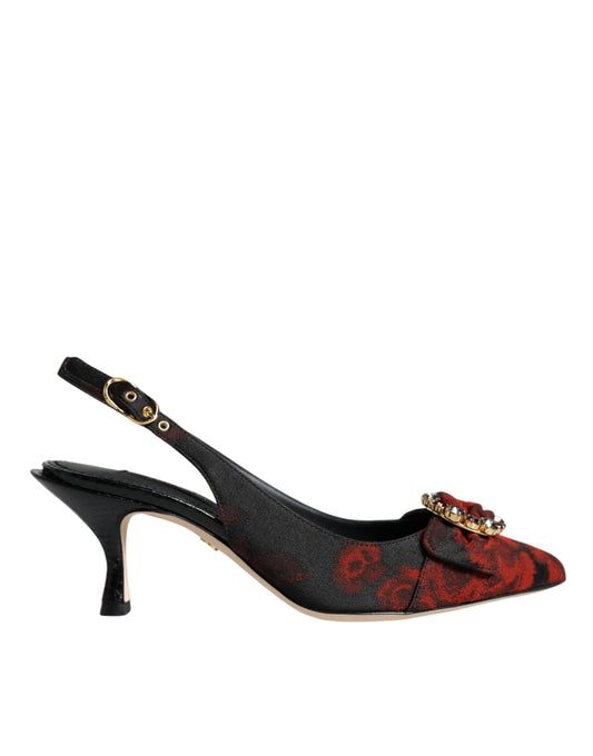 Dolce & Gabbana Schwarz Rot Floral Kristall Absatz Slingback Schuhe