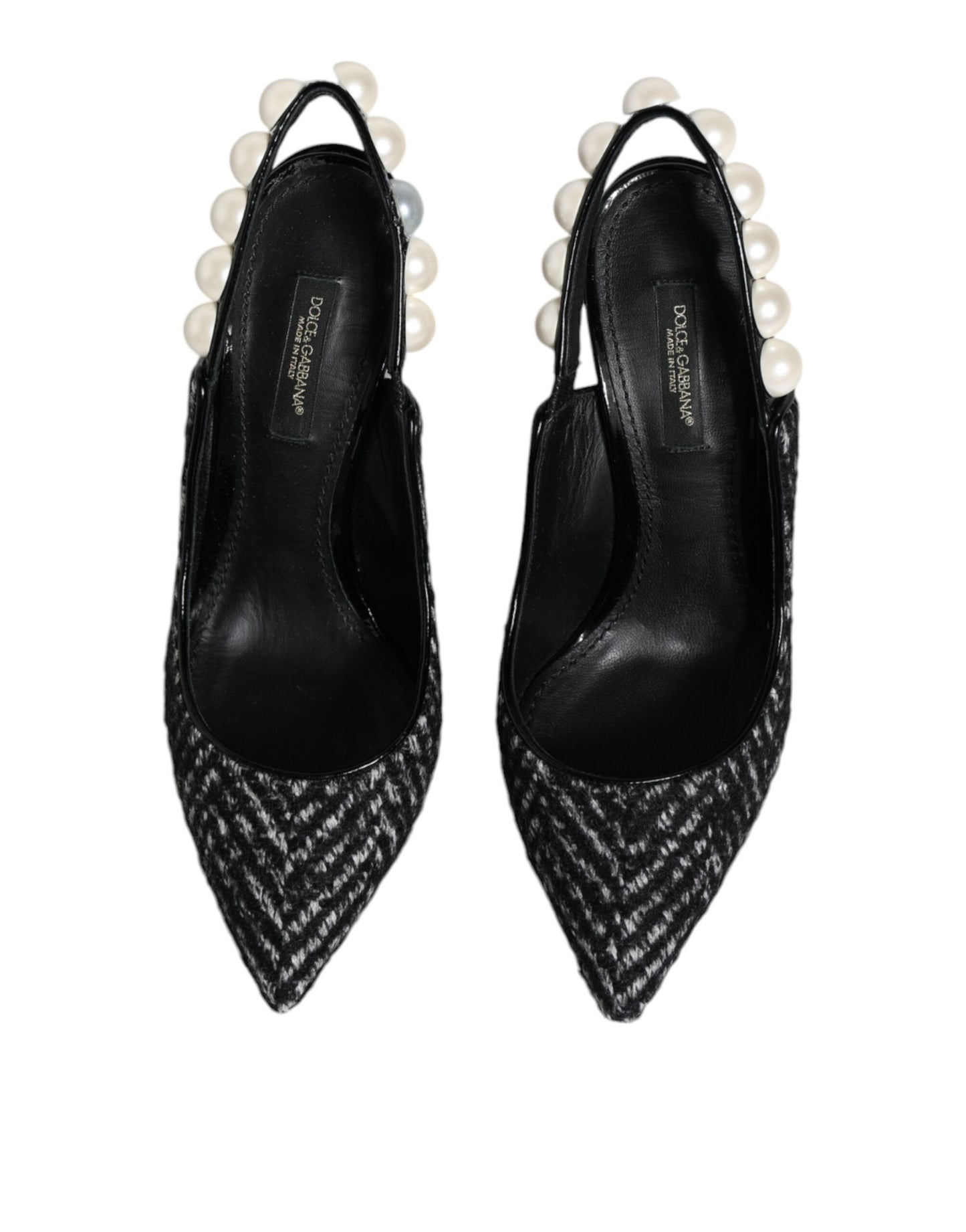 Dolce &amp; Gabbana valkoiset mustat Chevron Faux Pearl Slingback -kengät