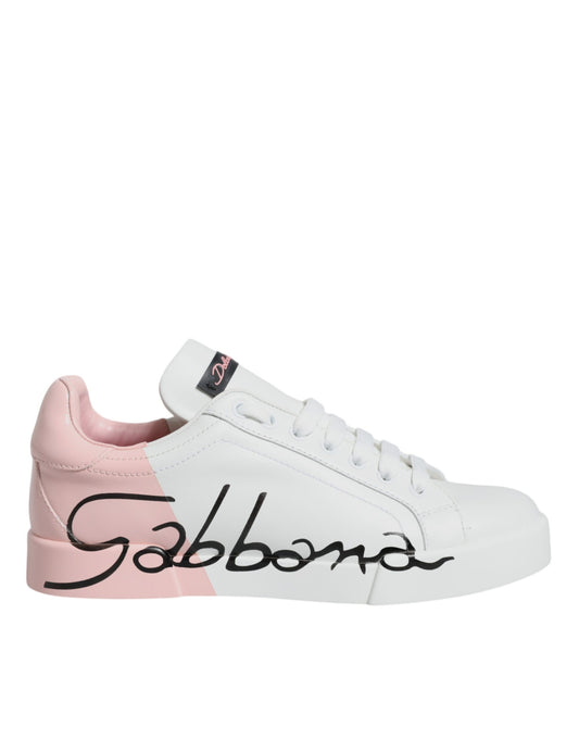 Dolce &amp; Gabbana White Pink Portofino Low Top Sneakers Shoes