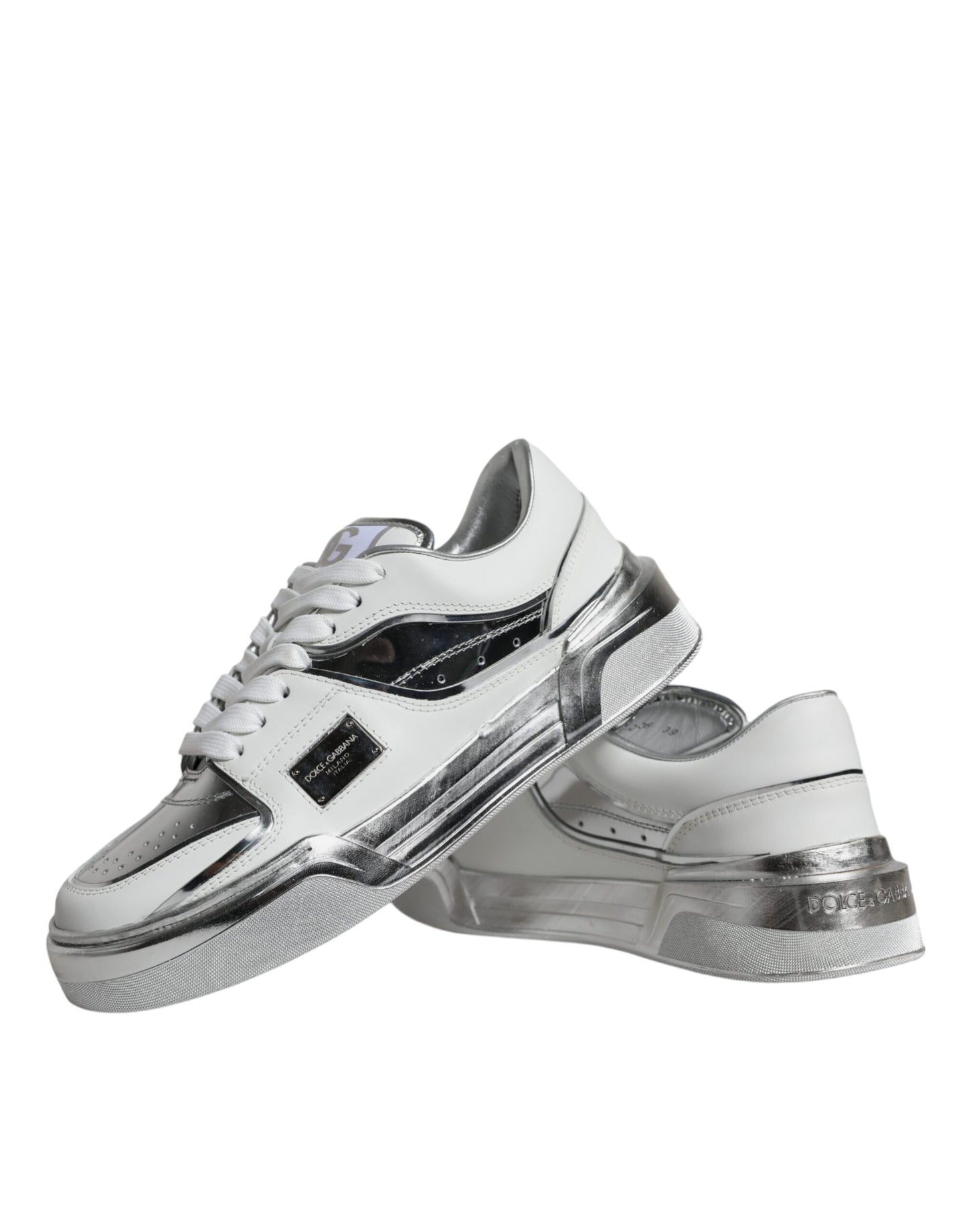 Dolce & Gabbana Weiß Silber Leder Low Top Sneakers Schuhe