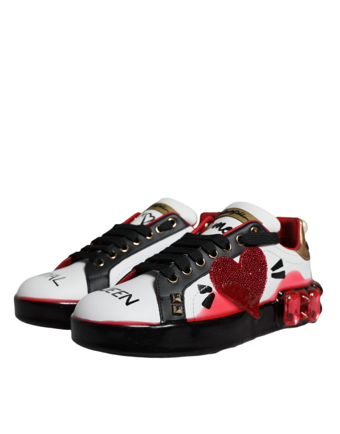 Dolce &amp; Gabbana White Red Crystals Leather Portofino Sneakers Shoes