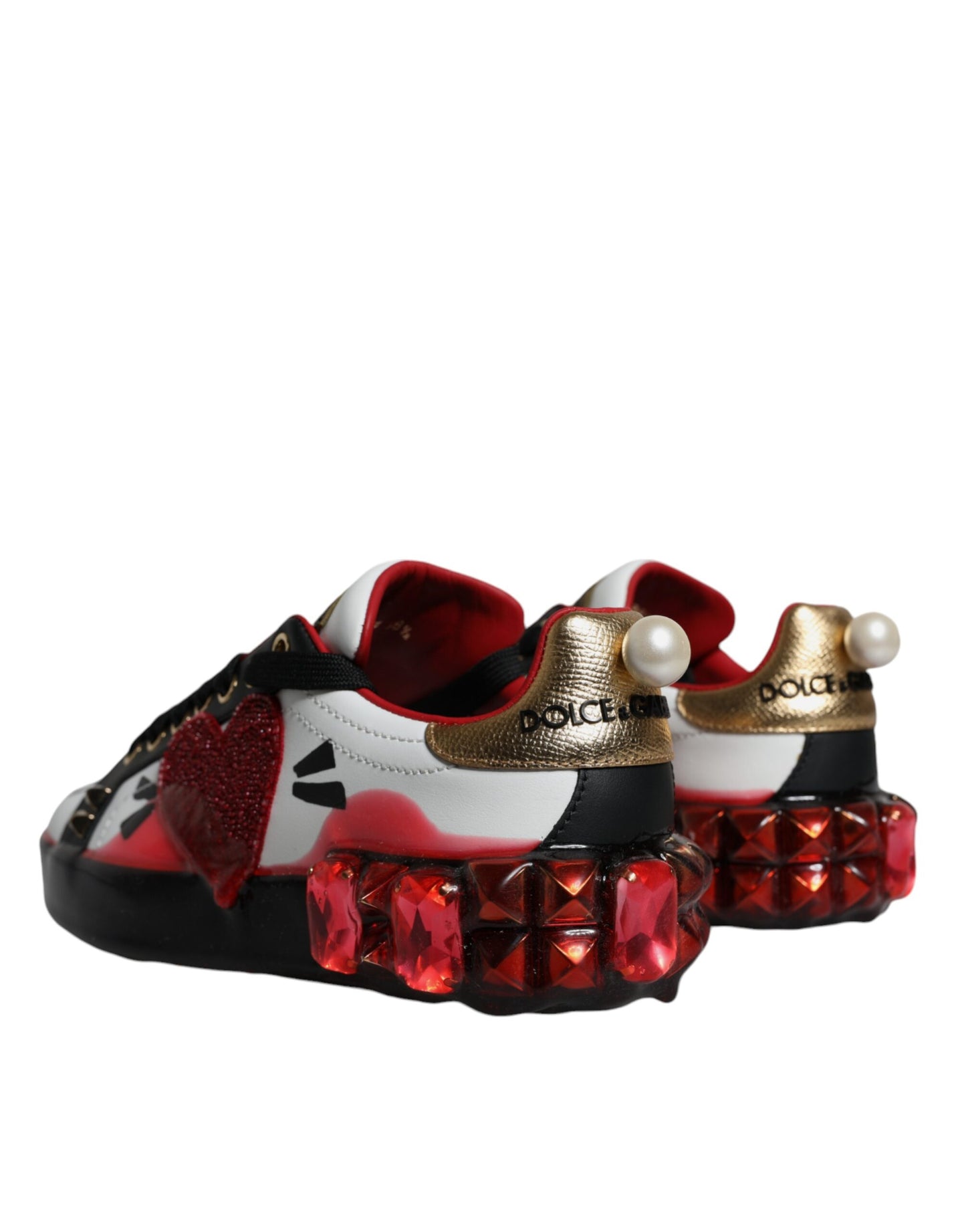 Dolce &amp; Gabbana White Red Crystals Leather Portofino Sneakers Shoes