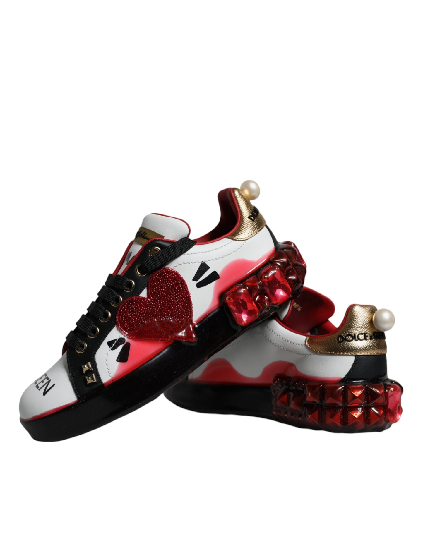 Dolce &amp; Gabbana White Red Crystals Leather Portofino Sneakers Shoes