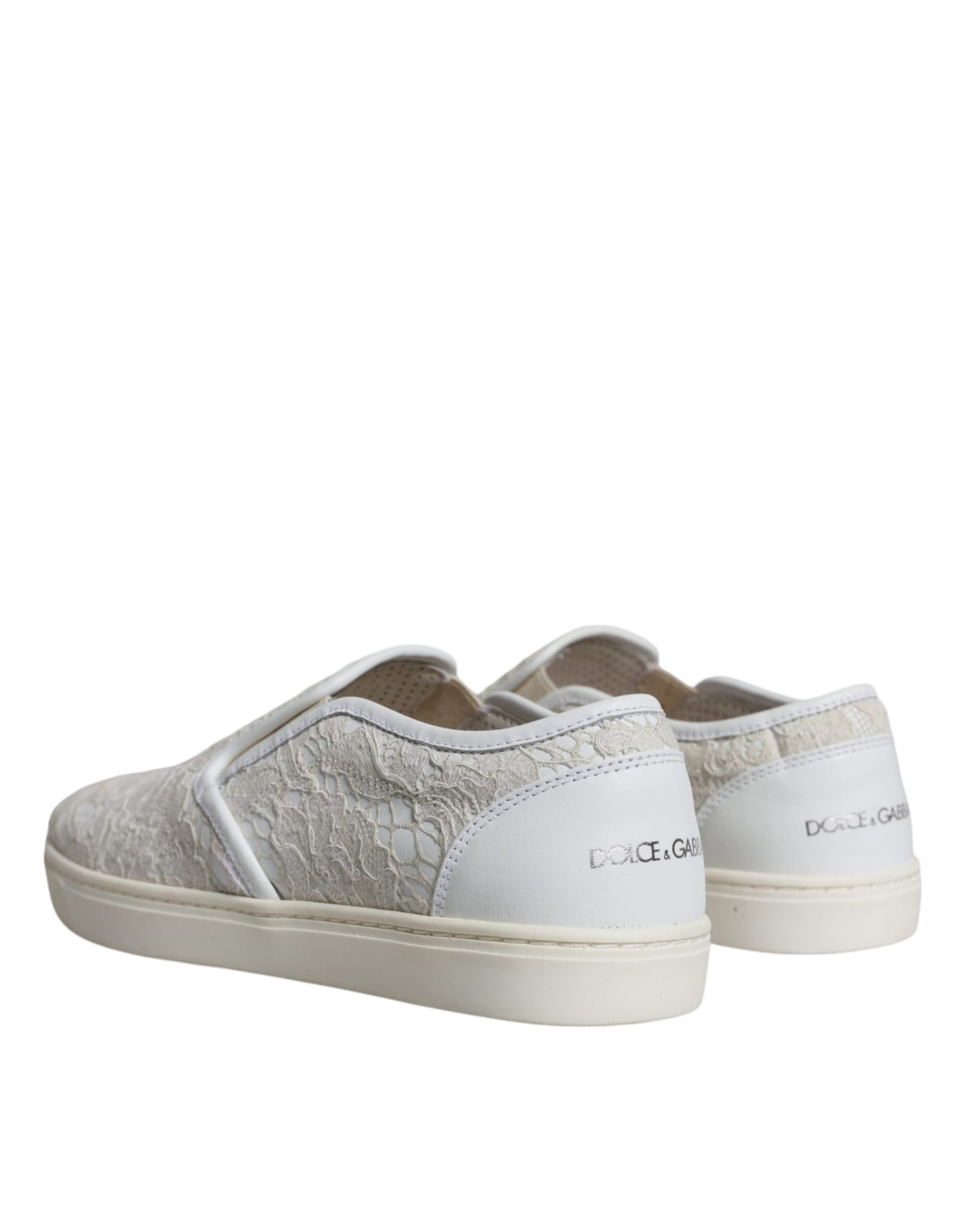 Dolce &amp; Gabbana White Leather Lace Slip On Loafers Shoes