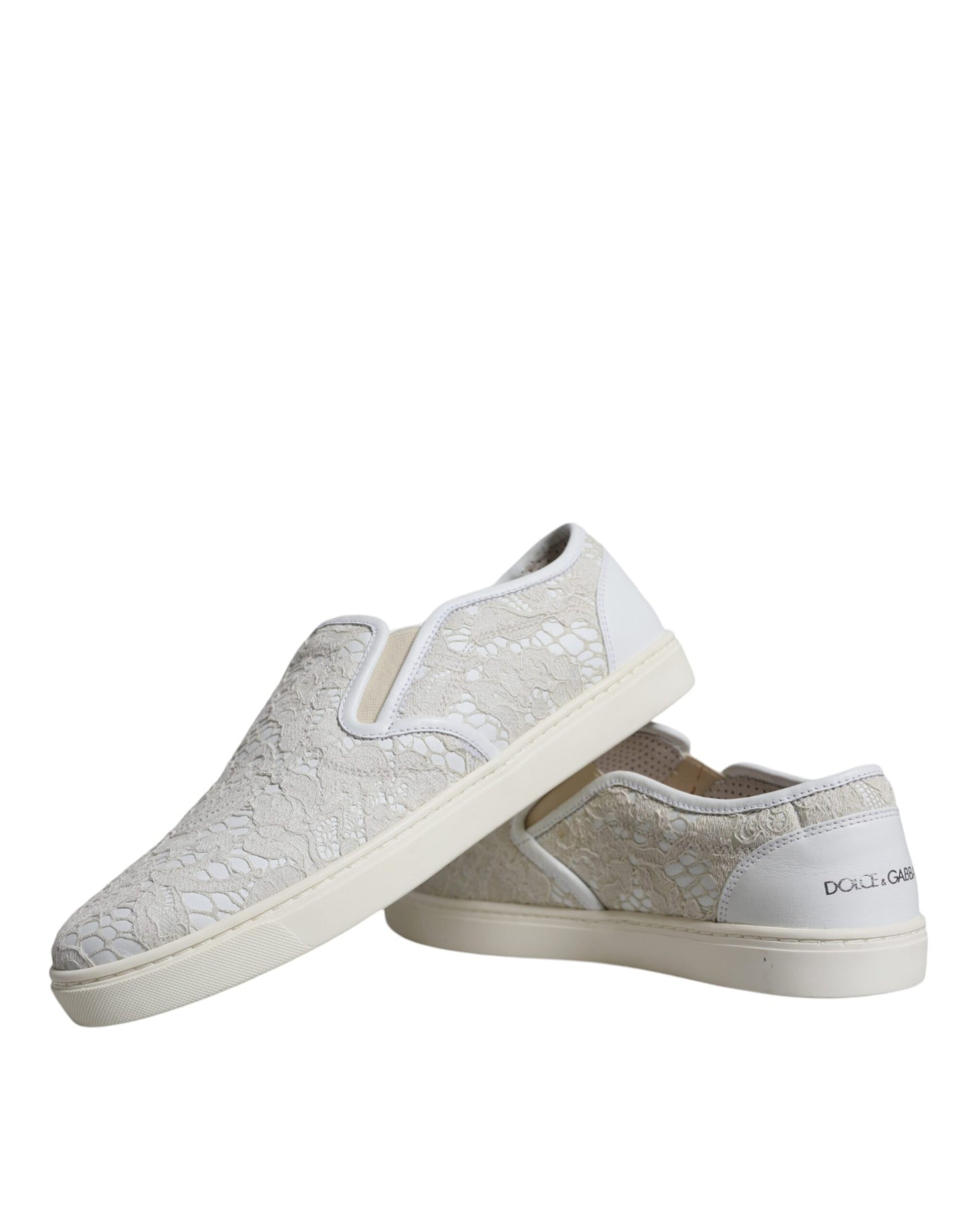 Dolce &amp; Gabbana White Leather Lace Slip On Loafers Shoes