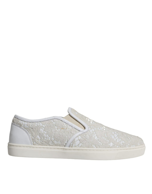 Dolce &amp; Gabbana White Leather Lace Slip On Loafers -kengät