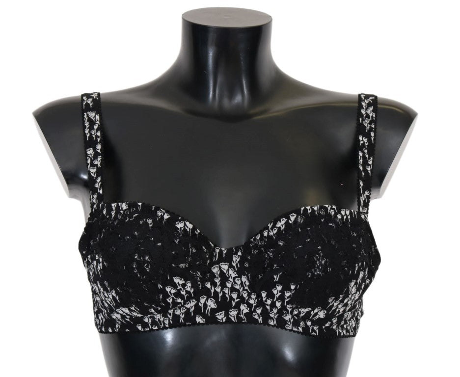 Dolce &amp; Gabbana Elegant black silk bra with floral lace